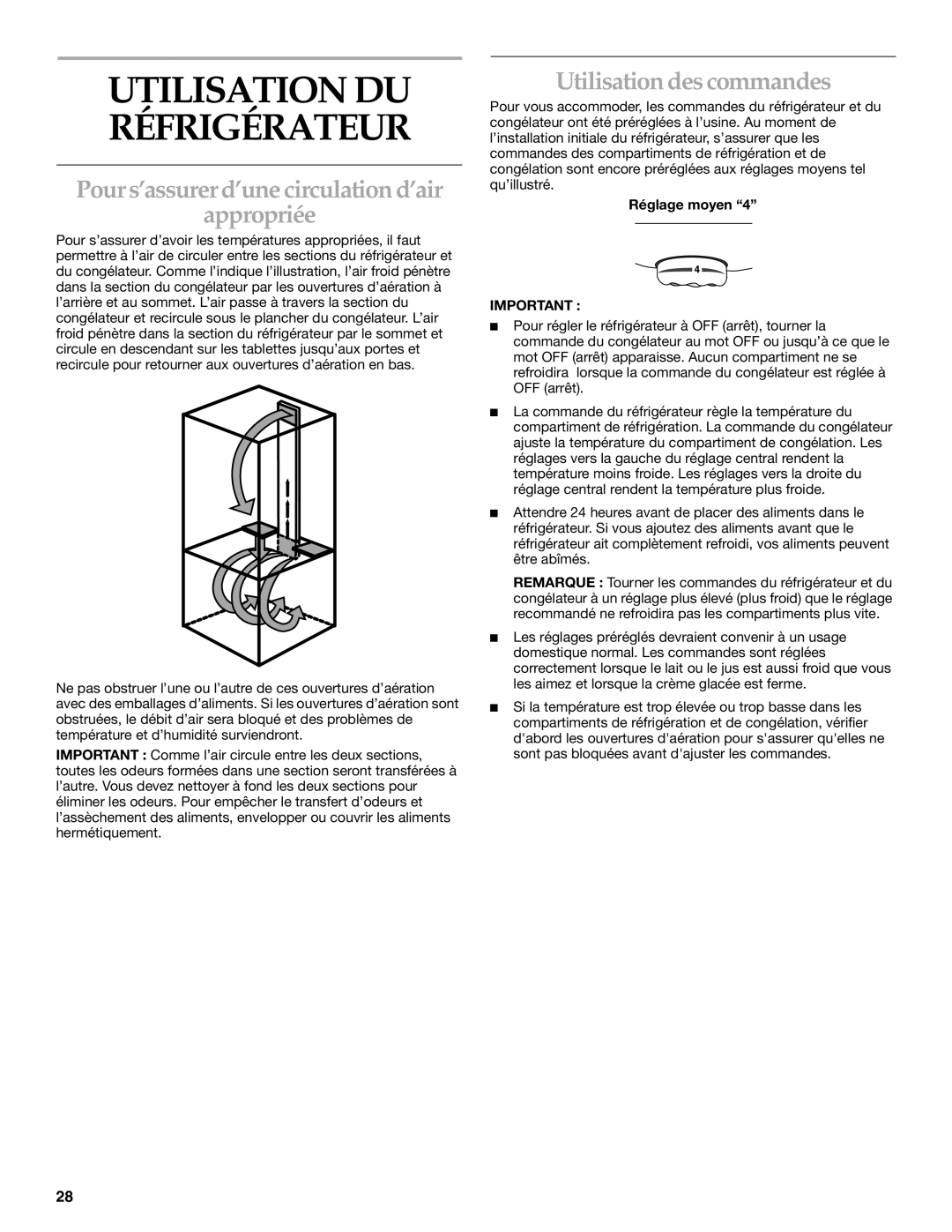 KitchenAid 2225033A manual Pour s’assurer d’une circulation d’air Appropriée, Utilisation des commandes, Réglage moyen 