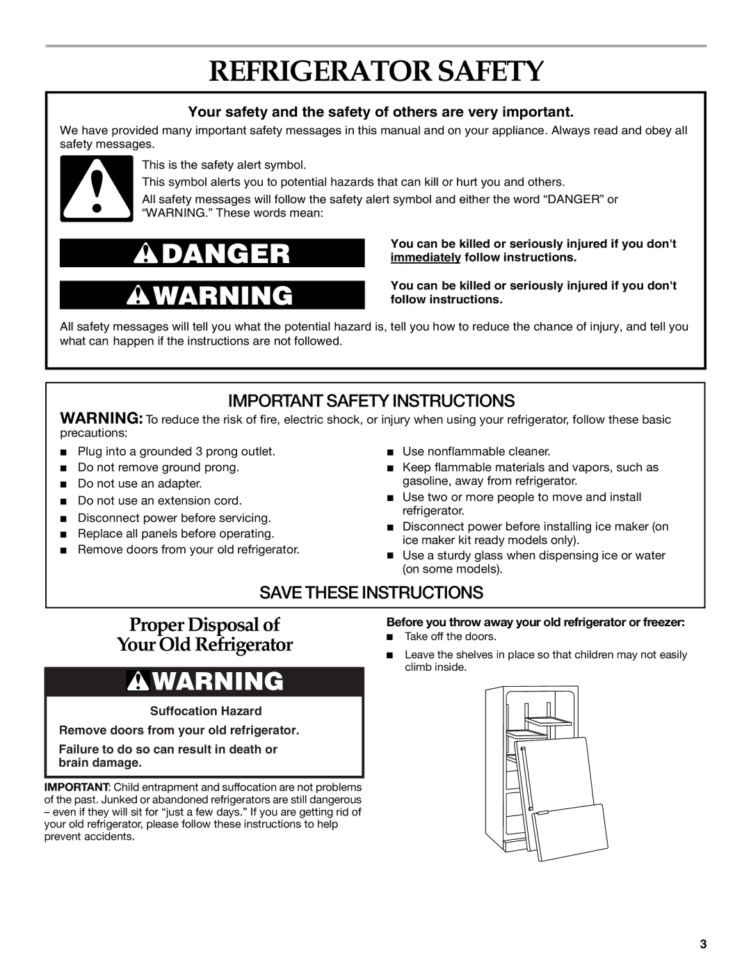 KitchenAid 12642708SP, 2225033A manual Refrigerator Safety, Before you throw away your old refrigerator or freezer 