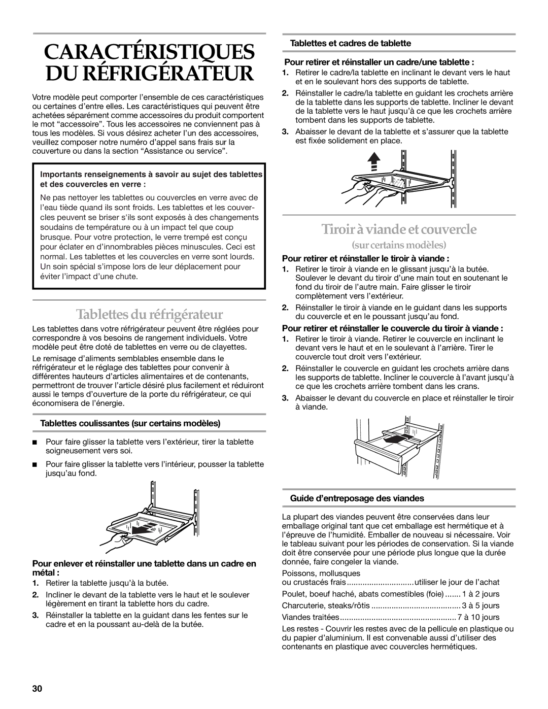 KitchenAid 2225033A, 12642708SP manual Tablettes du réfrigérateur, Tiroir à viande et couvercle 