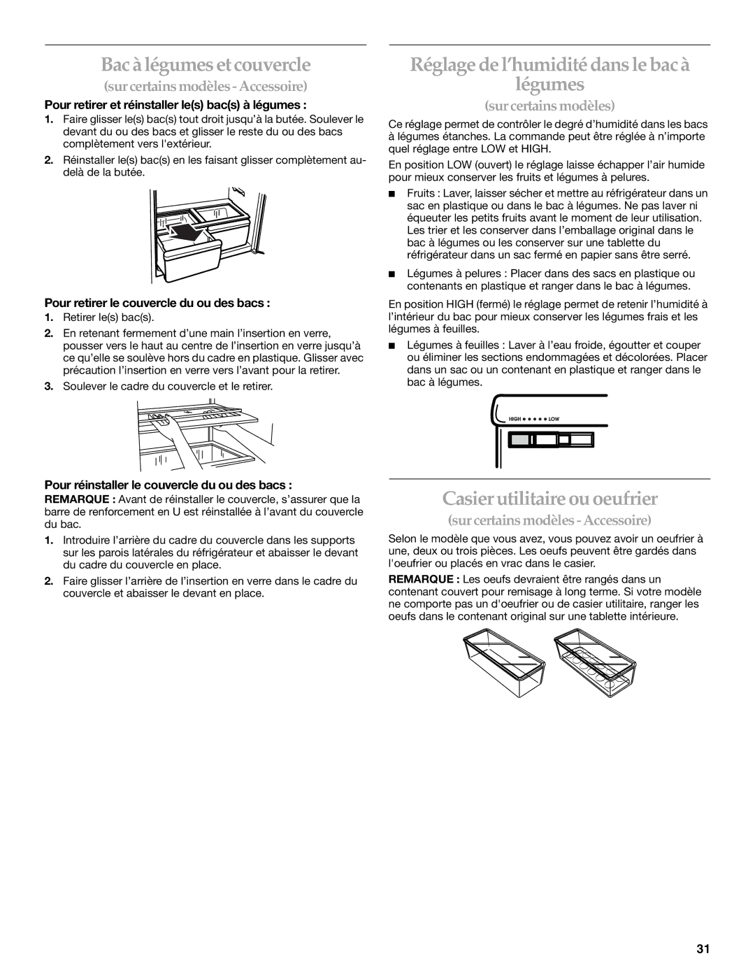 KitchenAid 12642708SP Bac àlégumes et couvercle, Réglage de l’humiditédans le bac à Légumes, Casier utilitaire ou oeufrier 