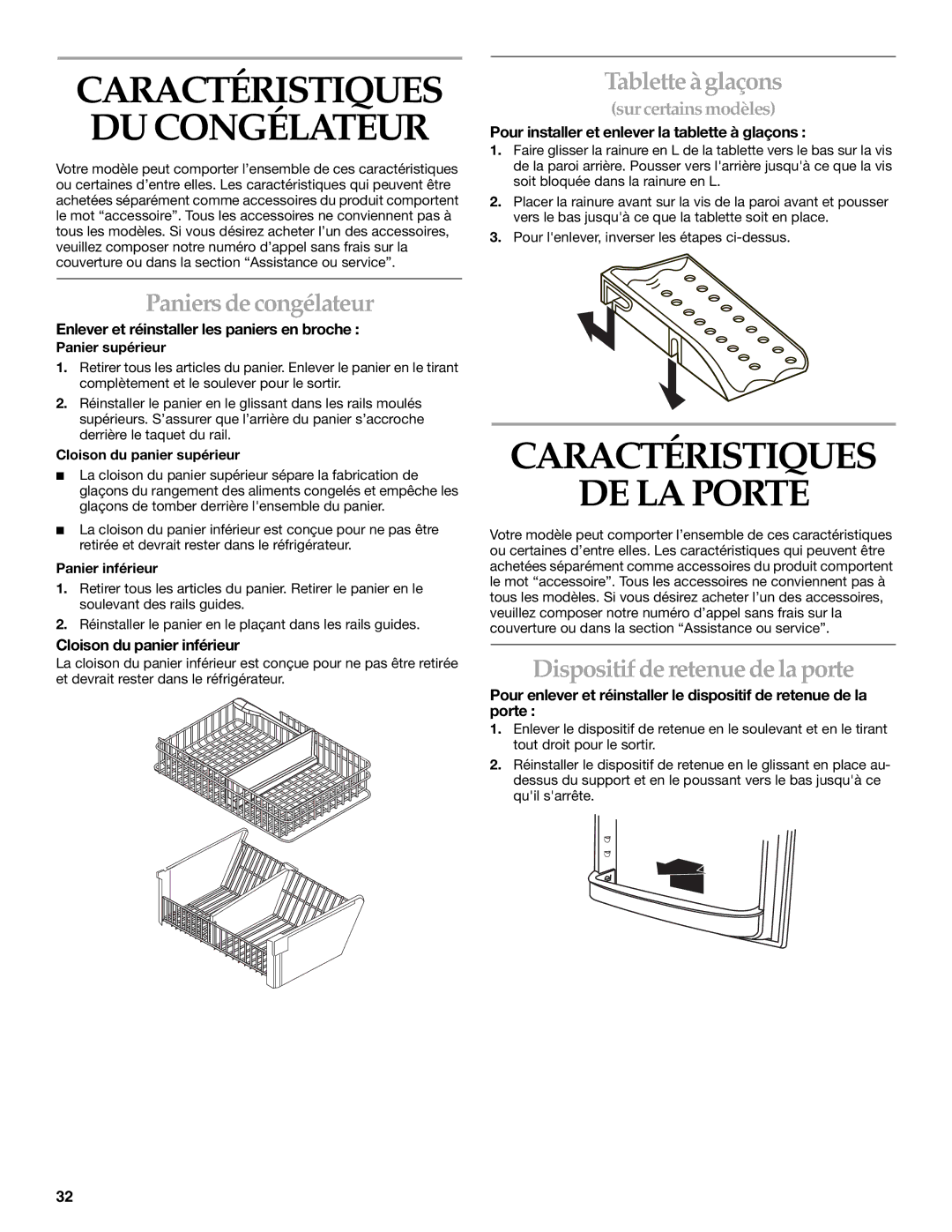 KitchenAid 2225033A, 12642708SP manual Caractéristiques DE LA Porte, Paniers de congélateur, Tablette àglaçons 