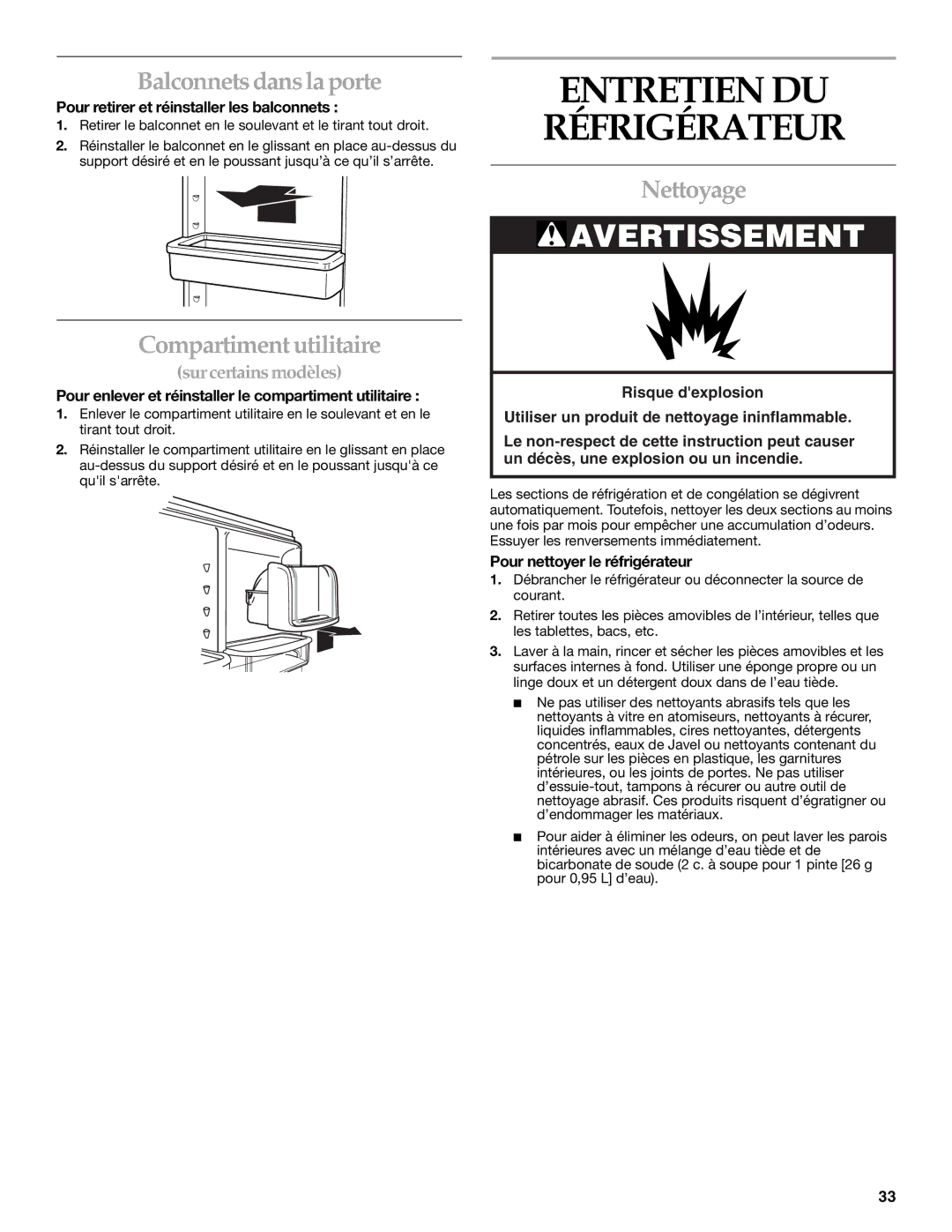 KitchenAid 12642708SP, 2225033A Entretien DU Réfrigérateur, Balconnets dans la porte, Compartiment utilitaire, Nettoyage 