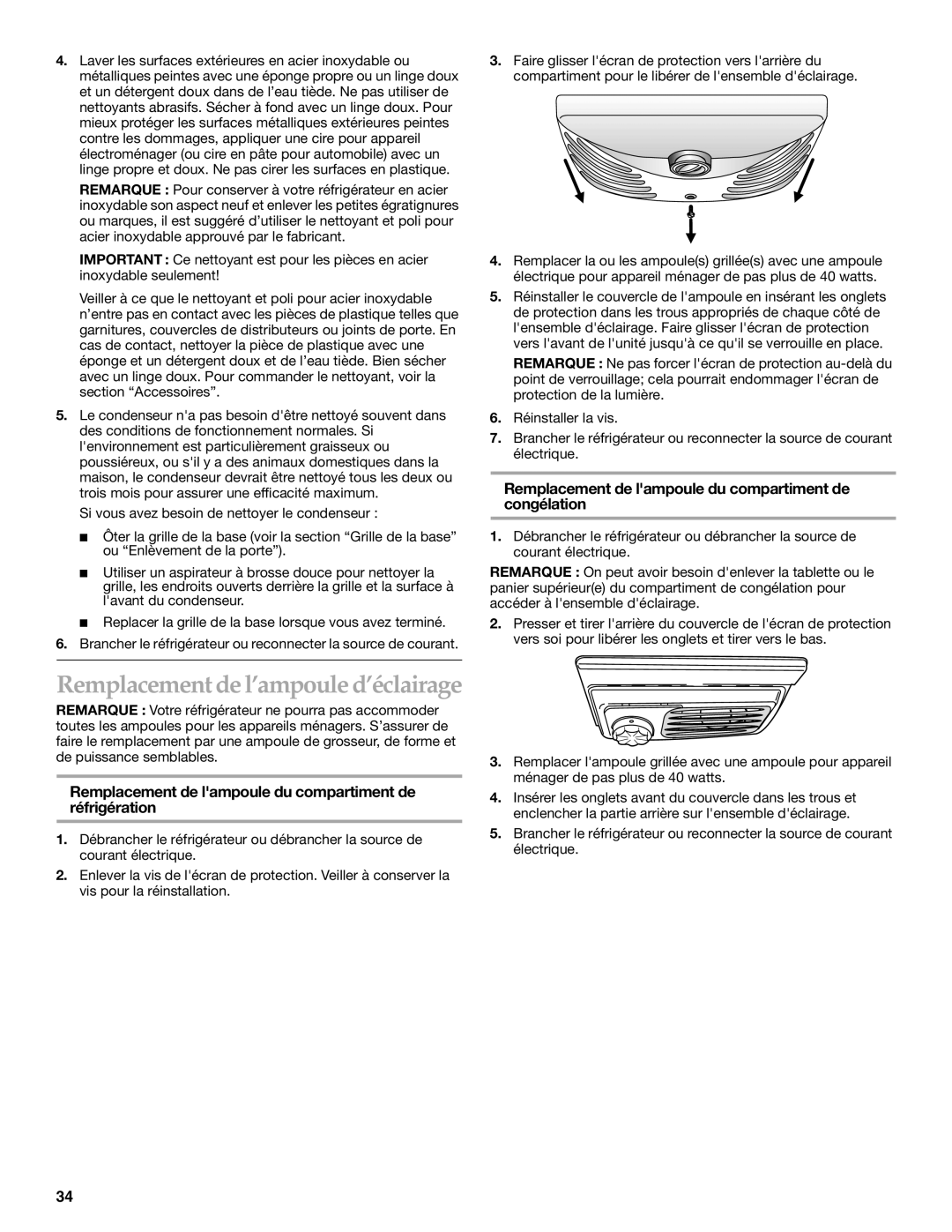 KitchenAid 2225033A manual Remplacement de l’ampoule d’éclairage, Remplacement de lampoule du compartiment de congélation 