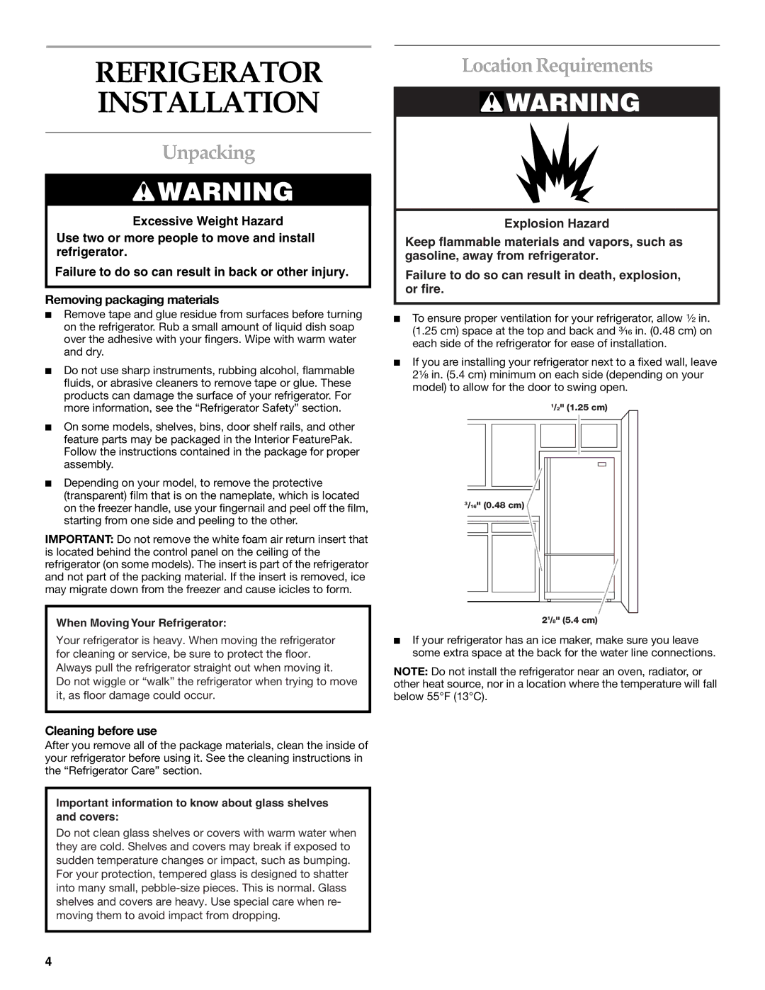 KitchenAid 2225033A, 12642708SP manual Refrigerator Installation, Unpacking, Location Requirements, Cleaning before use 