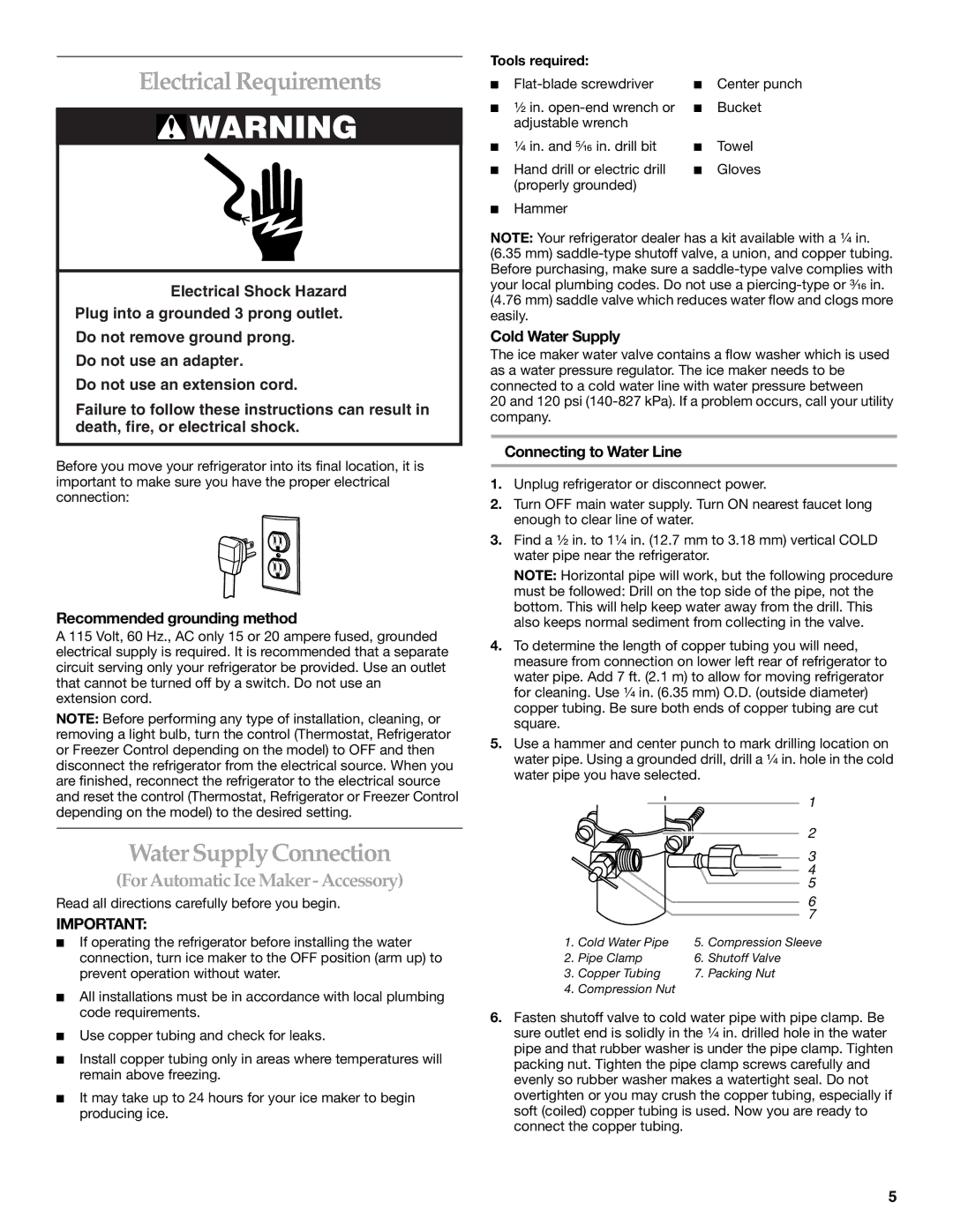 KitchenAid 12642708SP Electrical Requirements, Water Supply Connection, Recommended grounding method, Cold Water Supply 