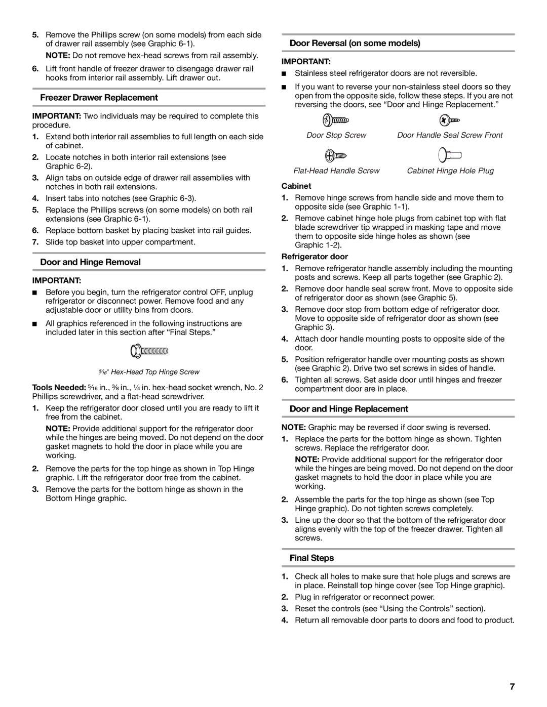 KitchenAid 12642708SP manual Freezer Drawer Replacement, Door and Hinge Removal, Door Reversal on some models, Final Steps 