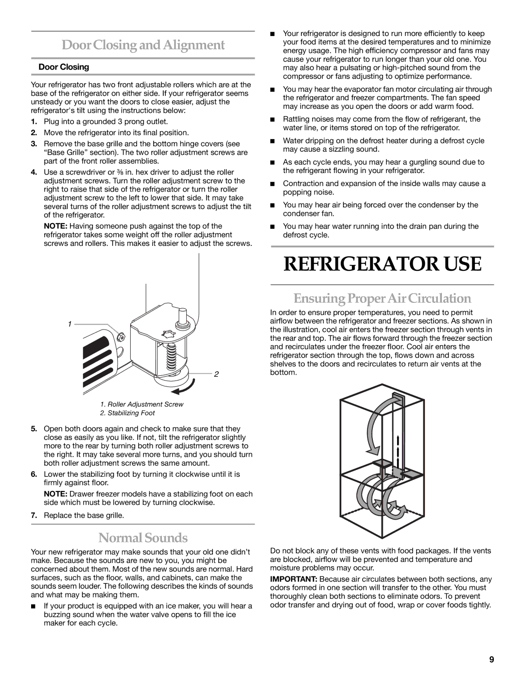 KitchenAid 12642708SP manual Refrigerator USE, Door Closing and Alignment, Normal Sounds, Ensuring Proper Air Circulation 