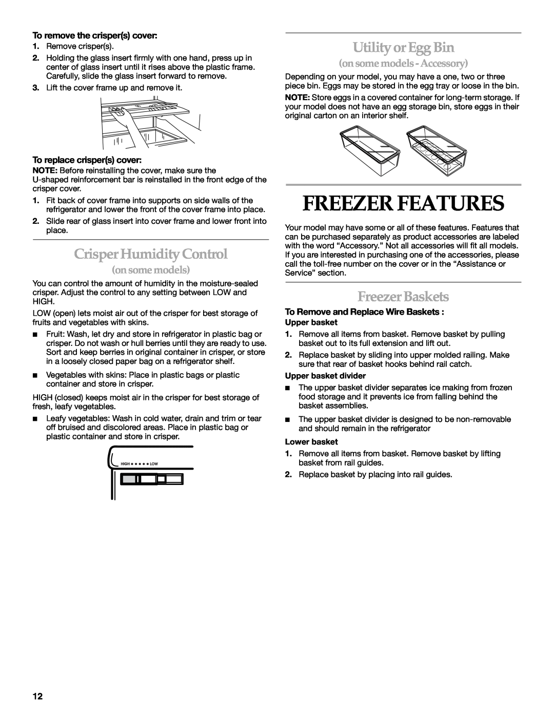 KitchenAid 2225033A manual Freezer Features, Utility or Egg Bin, Crisper Humidity Control, Freezer Baskets, on some models 