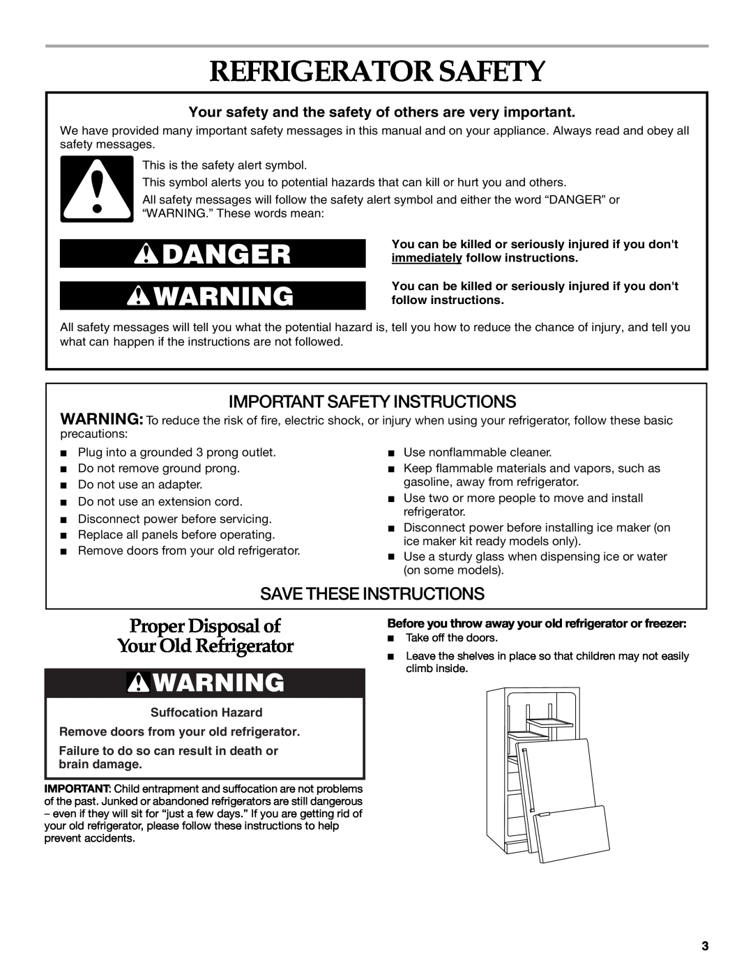KitchenAid 12642708SP manual Refrigerator Safety, Proper Disposal of Your Old Refrigerator, Important Safety Instructions 