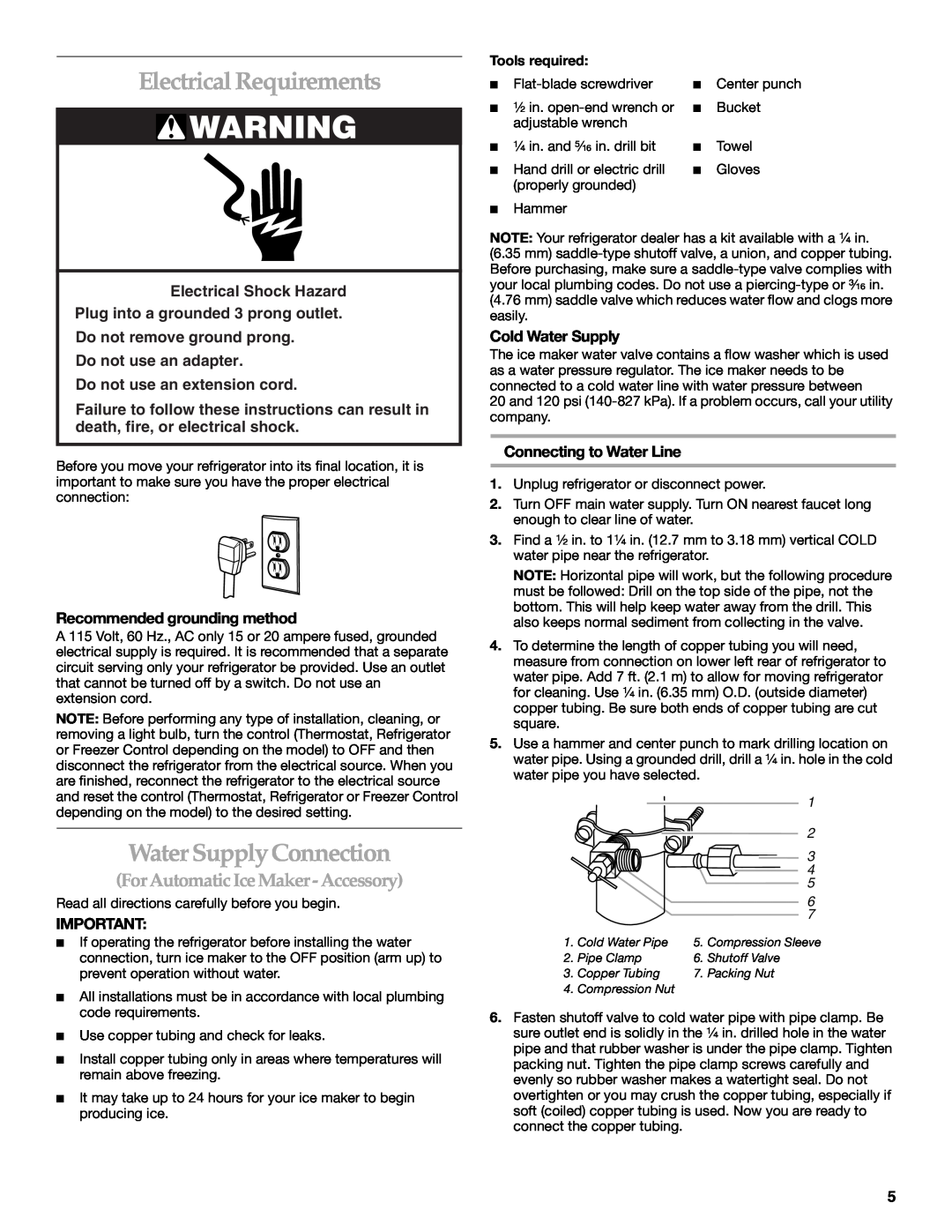 KitchenAid 12642708SP, 2225033A manual Electrical Requirements, Water Supply Connection, For Automatic Ice Maker - Accessory 