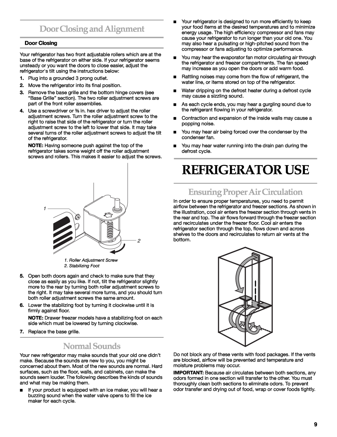 KitchenAid 12642708SP manual Refrigerator Use, Door Closing and Alignment, Normal Sounds, Ensuring Proper Air Circulation 