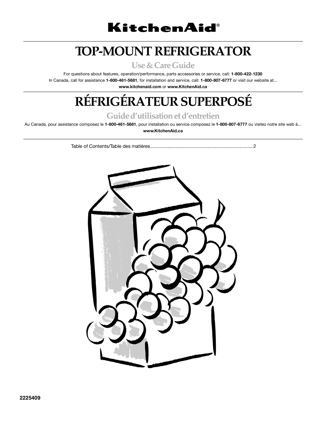 KitchenAid 2225409 manual TOP-MOUNT Refrigerator, Réfrigérateur Superposé, Use & Care Guide 