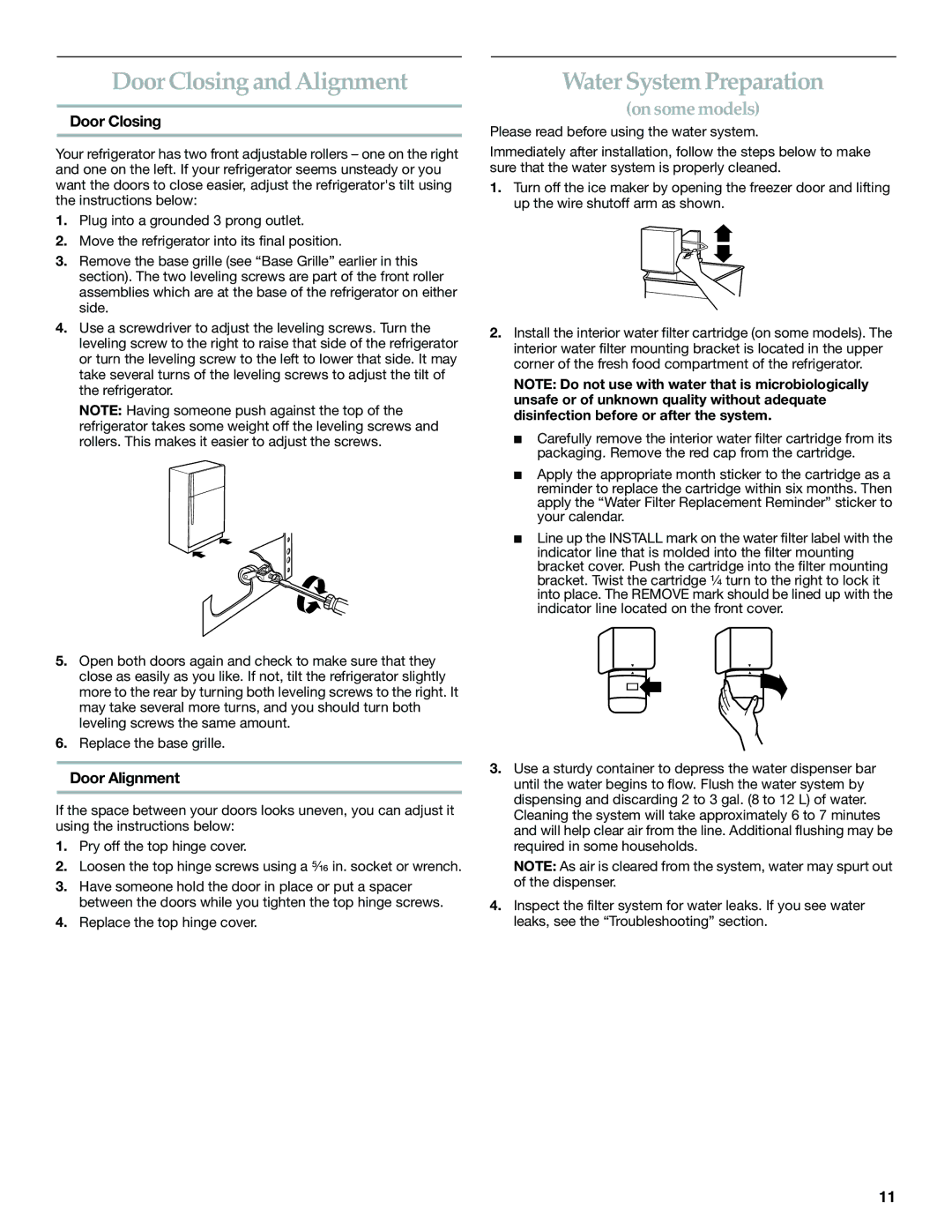 KitchenAid 2225409 manual Door Closing and Alignment, Water System Preparation, Door Alignment 