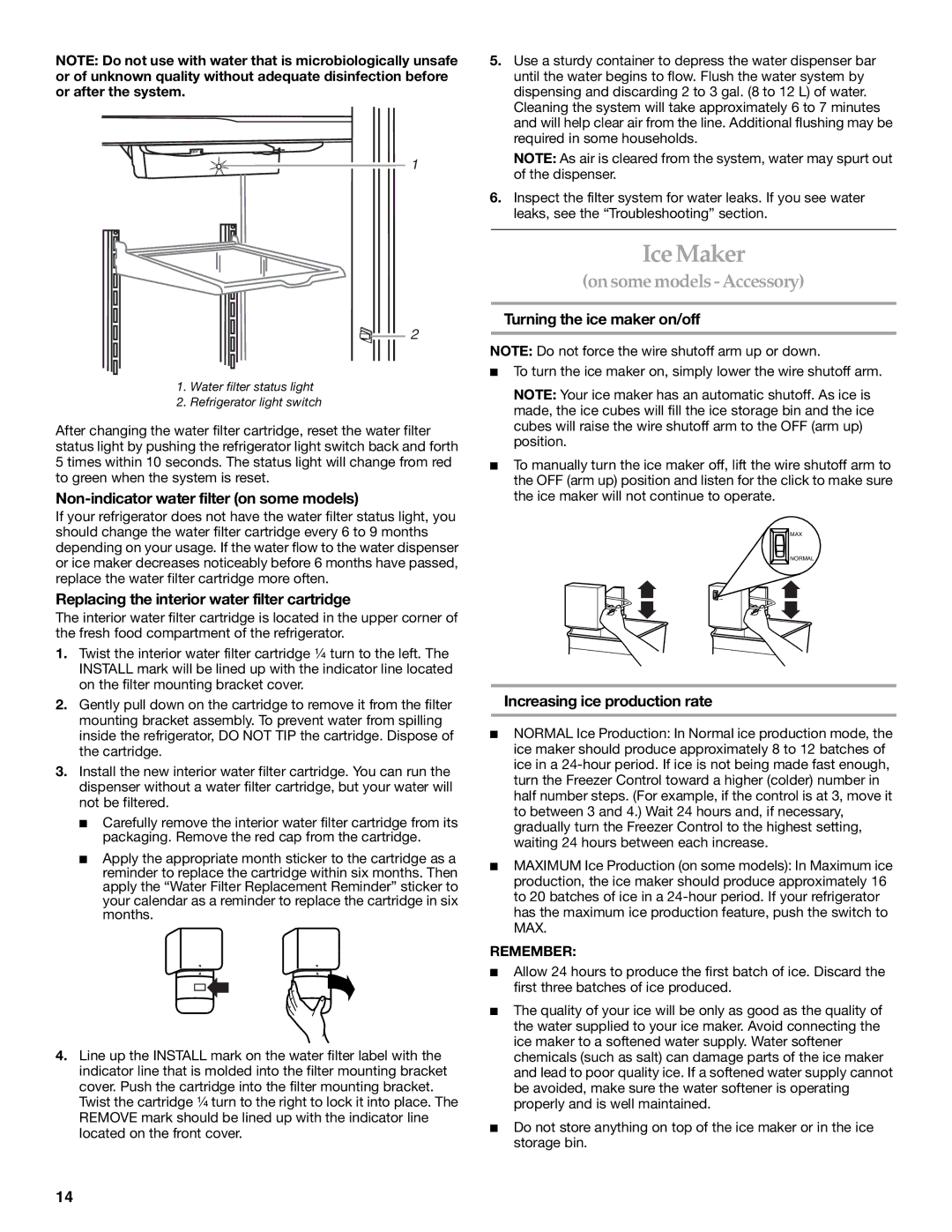 KitchenAid 2225409 Ice Maker, Non-indicator water filter on some models, Replacing the interior water filter cartridge 