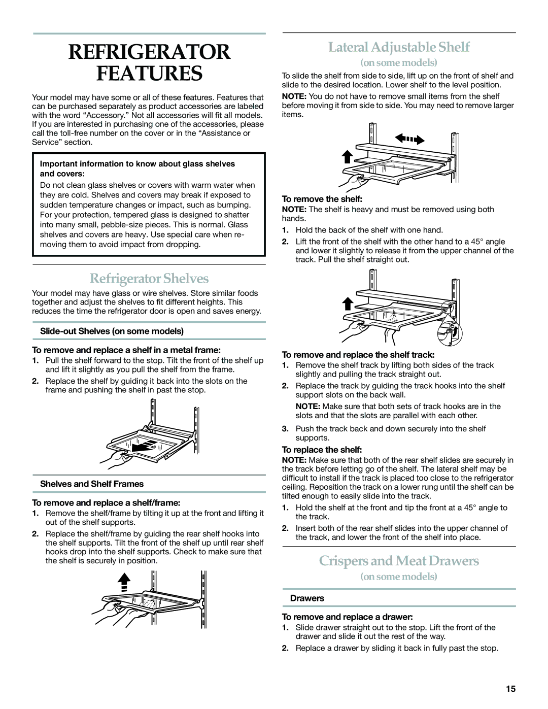 KitchenAid 2225409 manual Refrigerator Features, Refrigerator Shelves, Lateral Adjustable Shelf, Crispers and Meat Drawers 