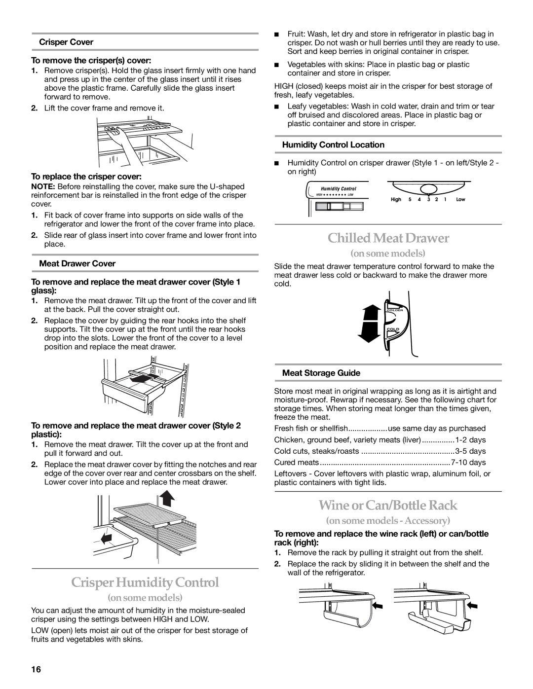 KitchenAid 2225409 manual Chilled Meat Drawer, Wine or Can/Bottle Rack, Crisper Humidity Control 