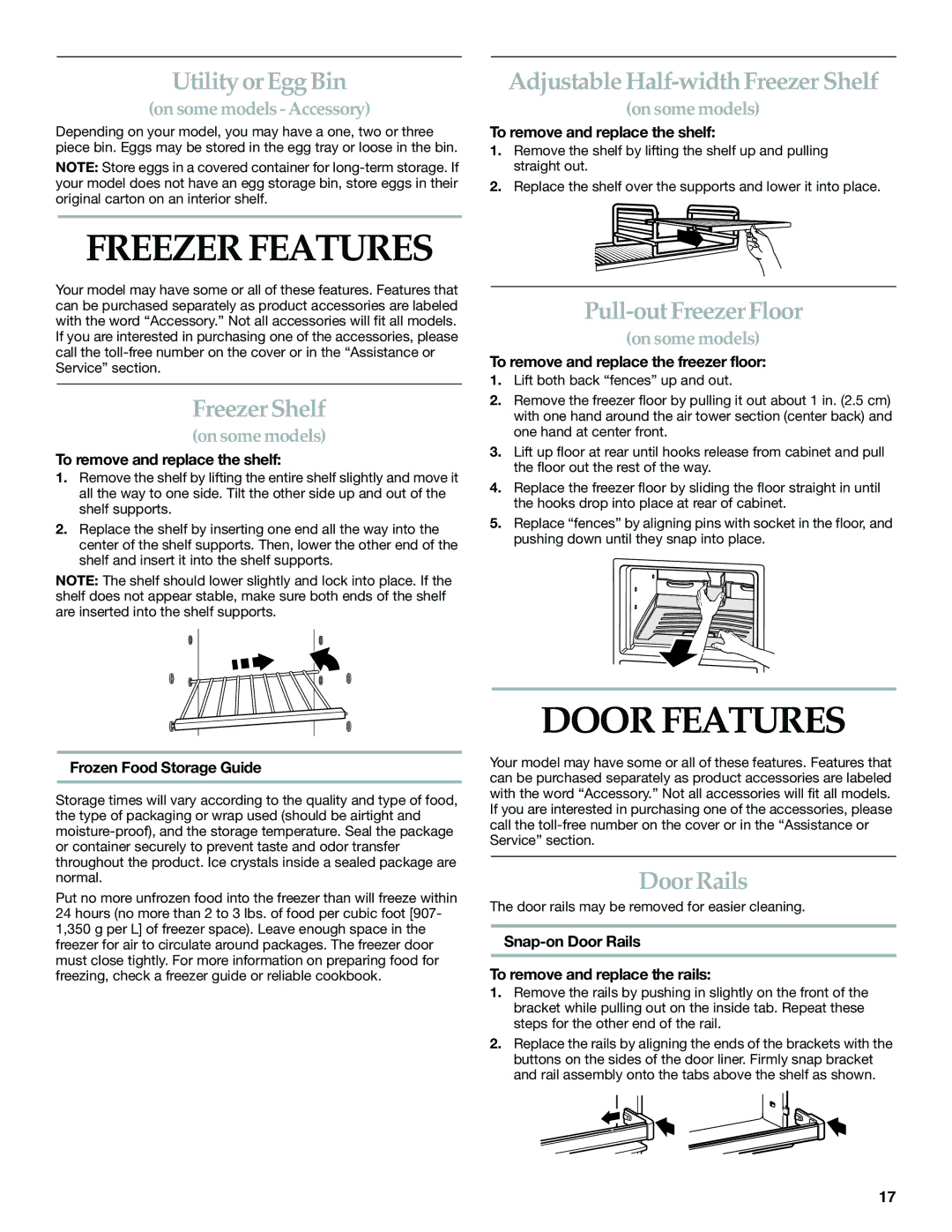 KitchenAid 2225409 manual Freezer Features, Door Features 