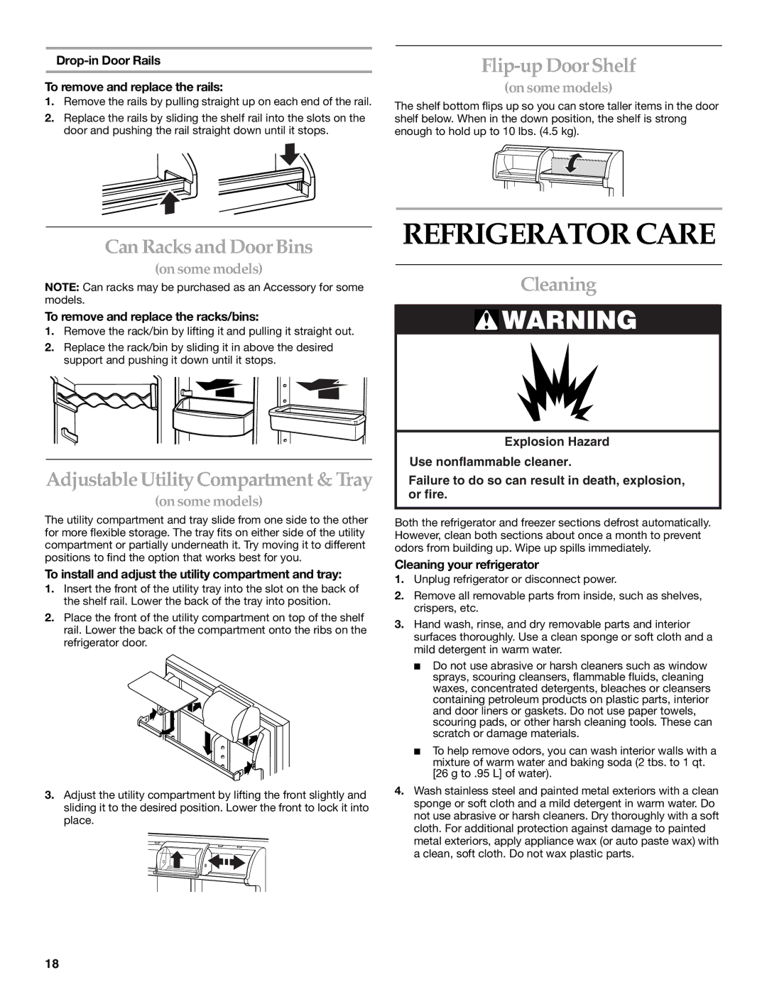 KitchenAid 2225409 Refrigerator Care, Flip-up Door Shelf, Can Racks and Door Bins, Adjustable Utility Compartment & Tray 