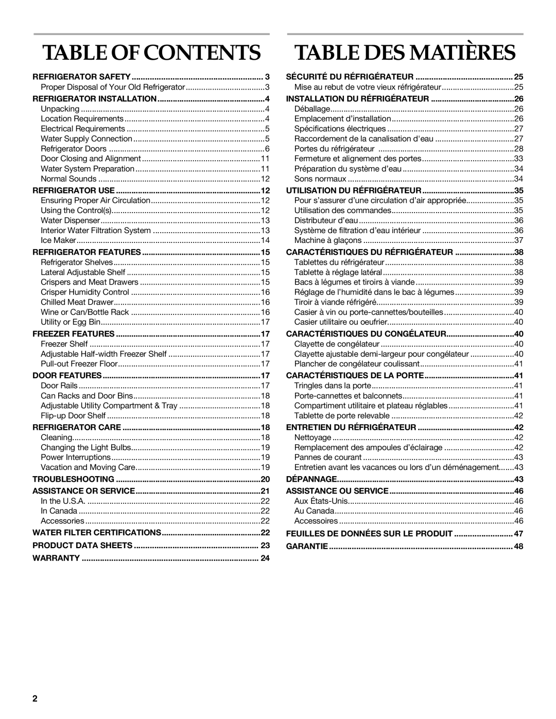 KitchenAid 2225409 manual Table of Contents, Table DES Matières 