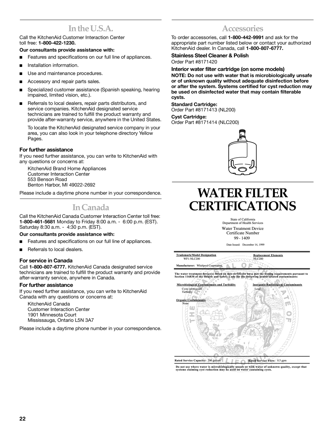 KitchenAid 2225409 manual Water Filter Certifications, U.S.A, Canada, Accessories 