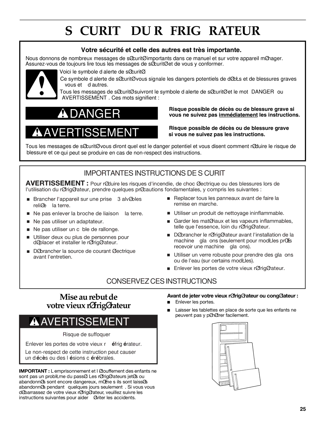 KitchenAid 2225409 manual Sécurité DU Réfrigérateur, Avant de jeter votre vieux réfrigérateur ou congélateur 