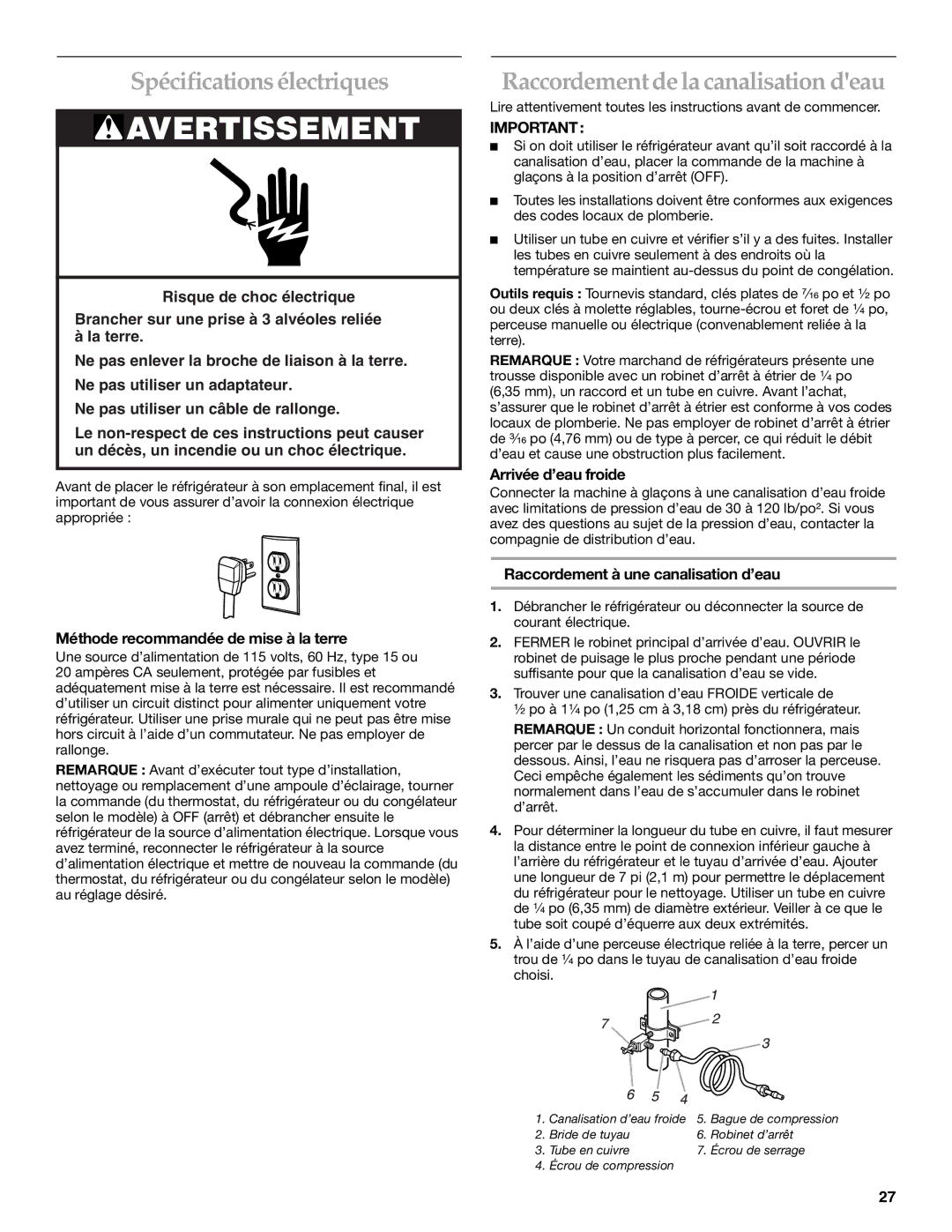 KitchenAid 2225409 manual Spécifications électriques, Raccordement de la canalisation deau, Arrivée d’eau froide 