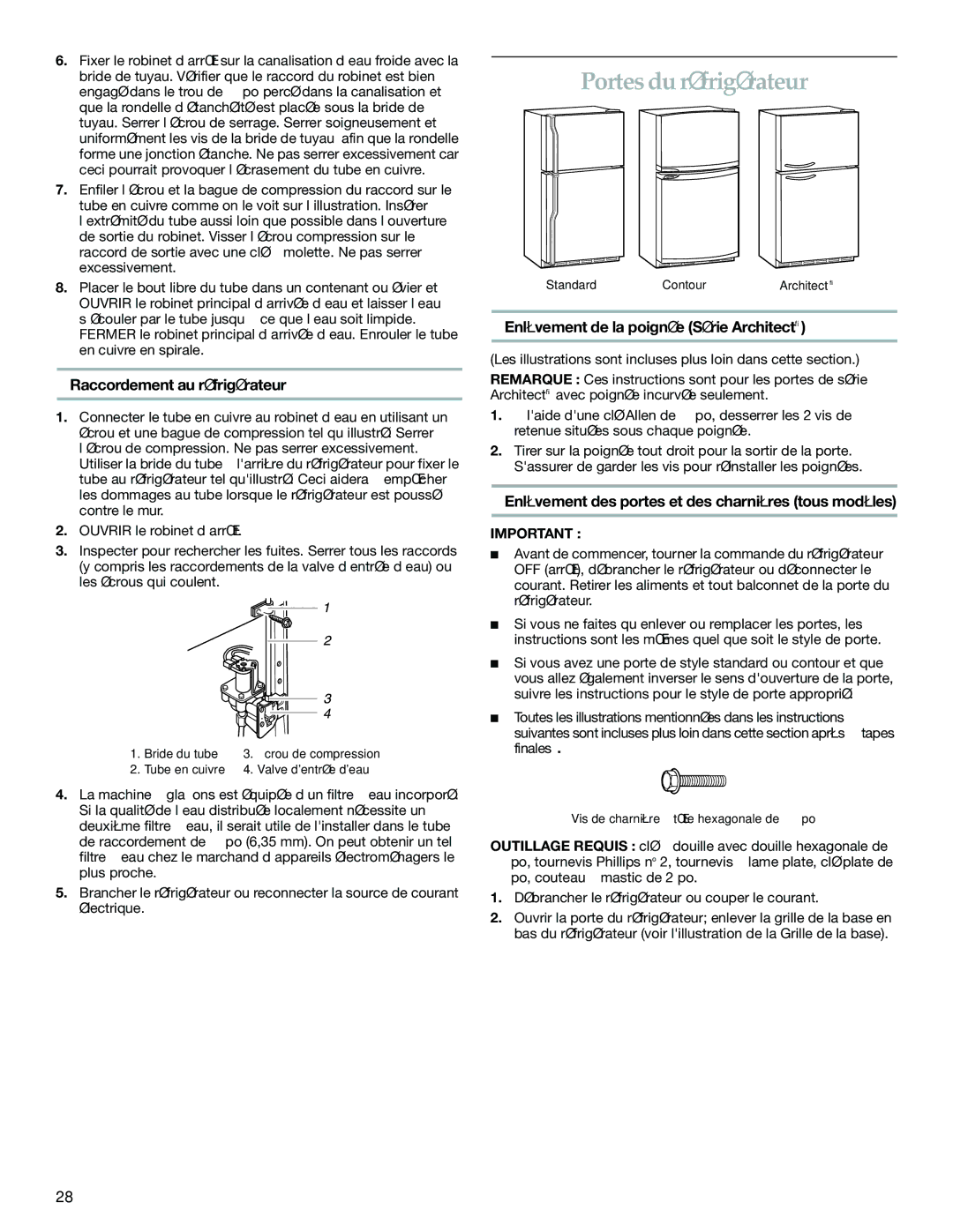 KitchenAid 2225409 manual Portes du réfrigérateur, Raccordement au réfrigérateur, Enlèvement de la poignée Série Architect 