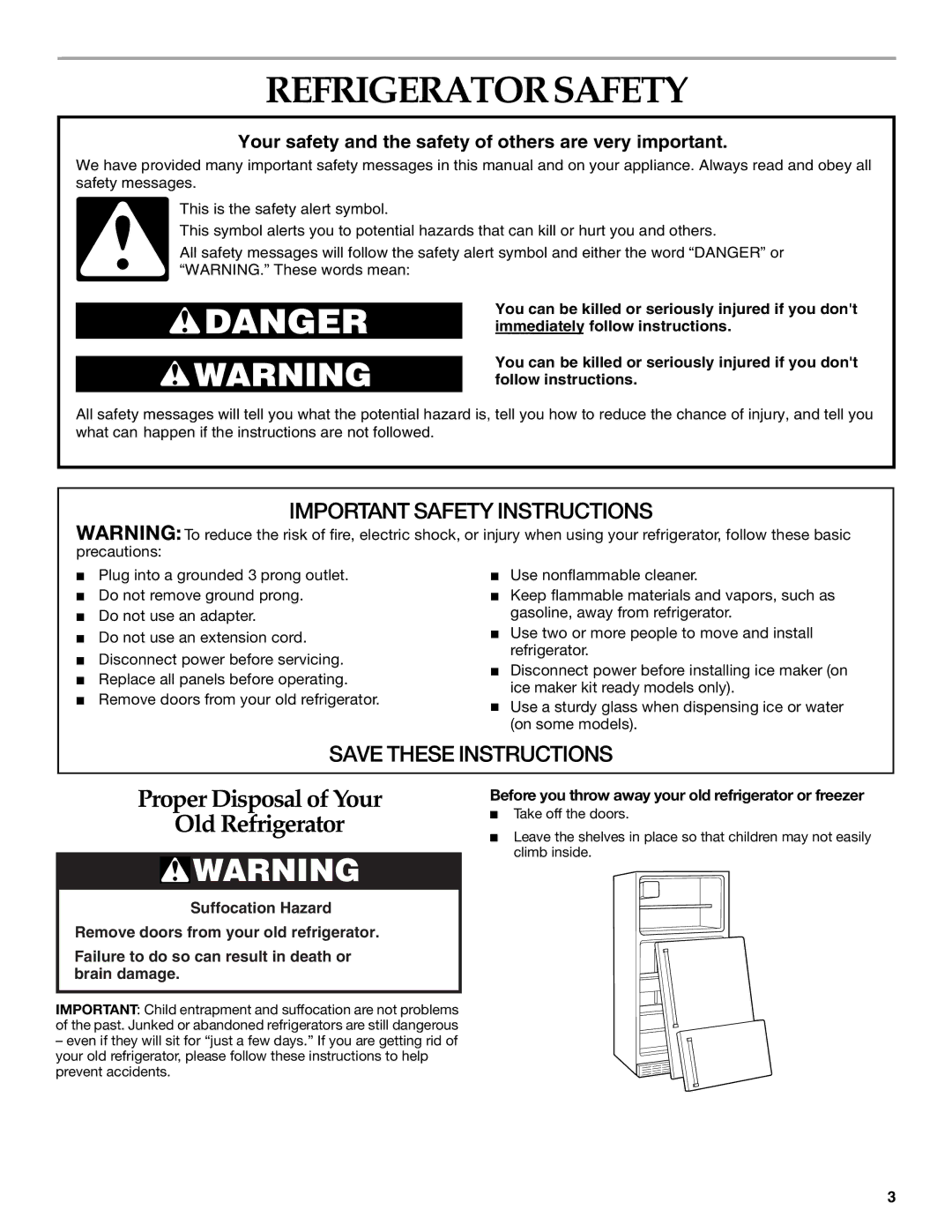 KitchenAid 2225409 manual Refrigerator Safety, Before you throw away your old refrigerator or freezer 