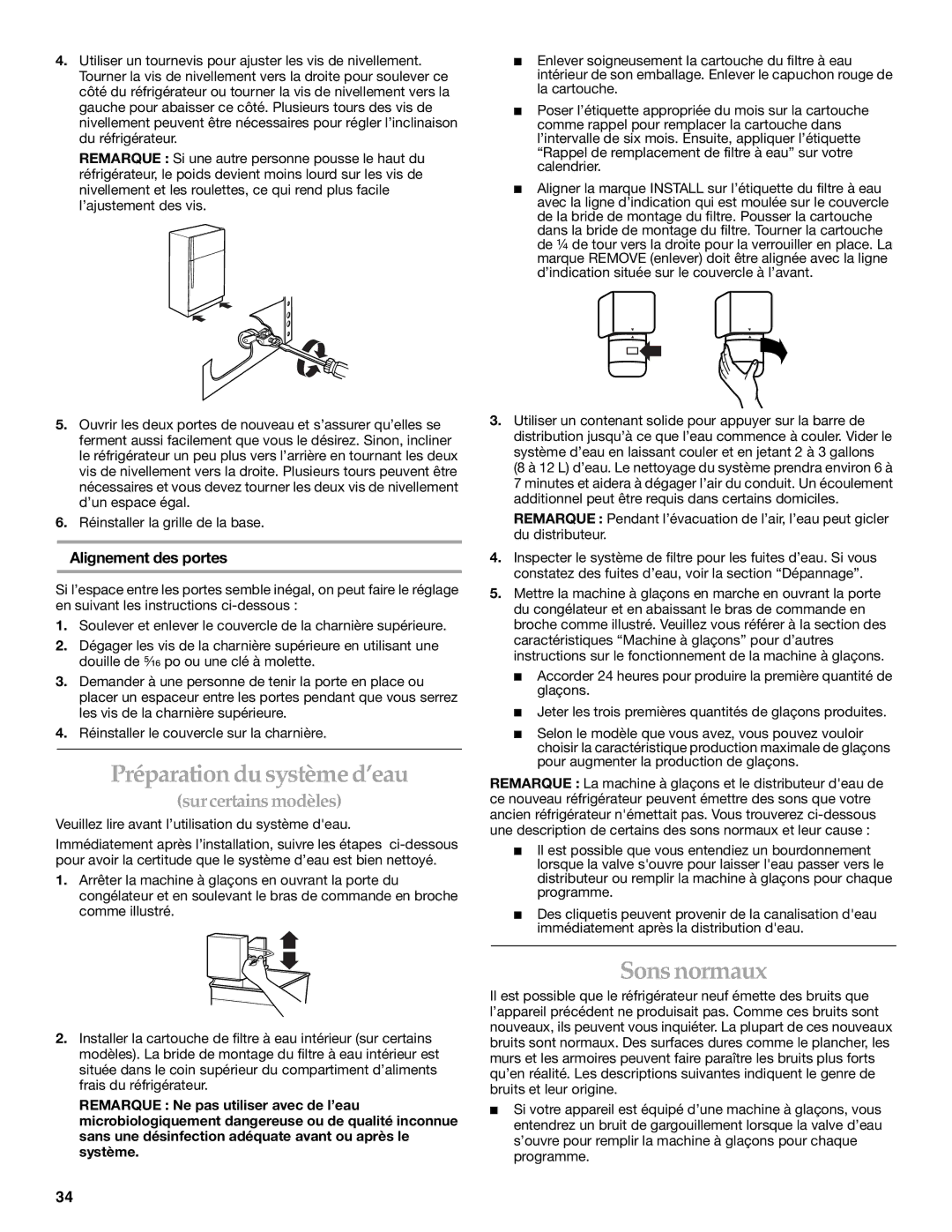 KitchenAid 2225409 manual Préparation du système d’eau, Sons normaux, Alignement des portes 