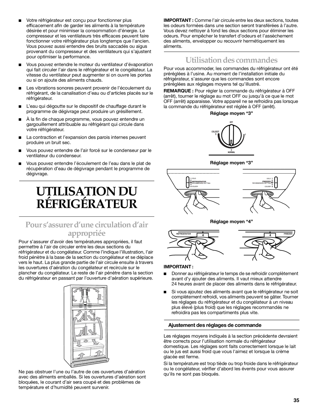 KitchenAid 2225409 manual Pour s’assurer d’une circulation d’air Appropriée, Utilisation des commandes, Réglage moyen 