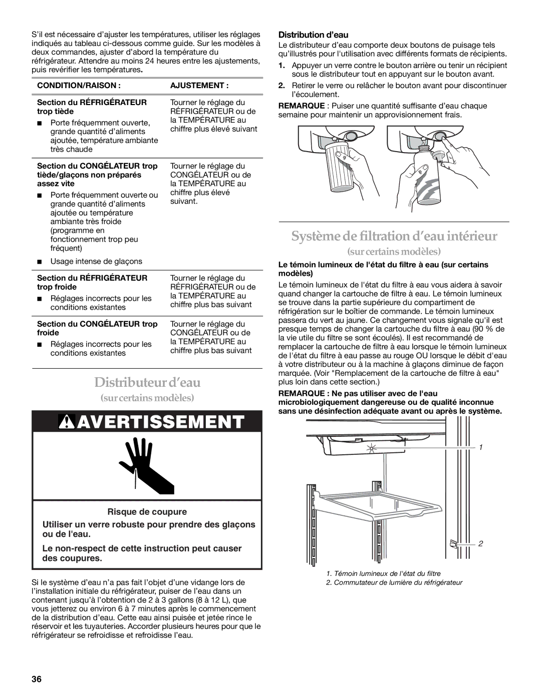 KitchenAid 2225409 manual Distributeur d’eau, Système de filtration d’eau intérieur, Distribution d’eau 