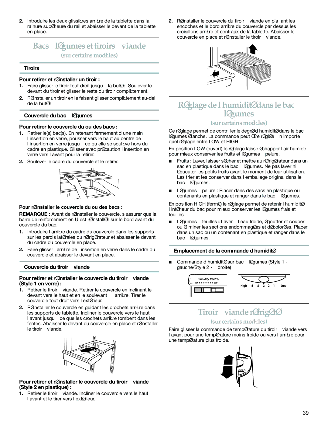 KitchenAid 2225409 manual Bacs à légumes et tiroirs à viande, Réglage de l’humidité dans le bac à Légumes 