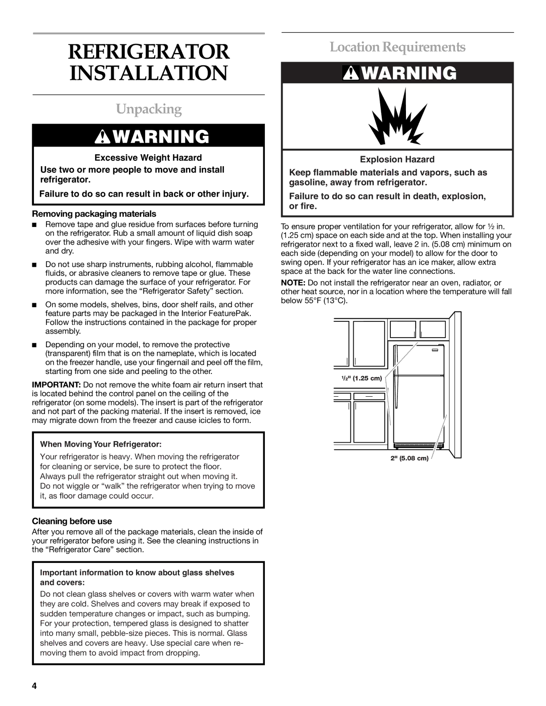 KitchenAid 2225409 manual Refrigerator Installation, Unpacking, Location Requirements, Cleaning before use 