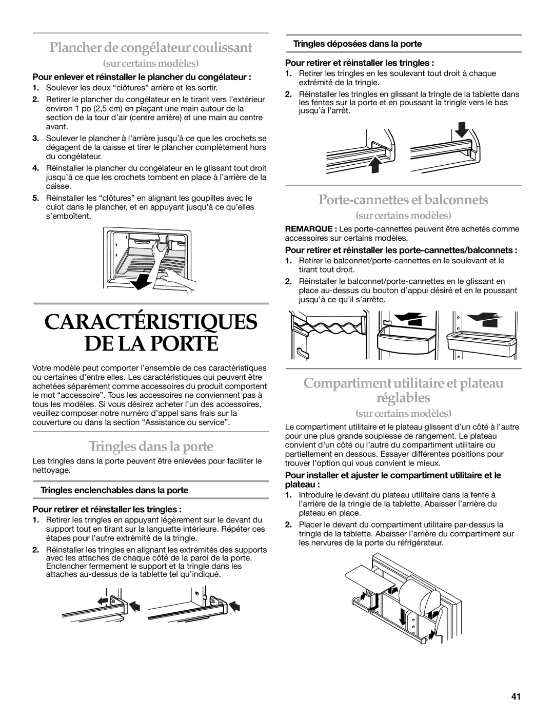 KitchenAid 2225409 manual Caractéristiques DE LA Porte, Plancher de congélateur coulissant, Tringles dans la porte 