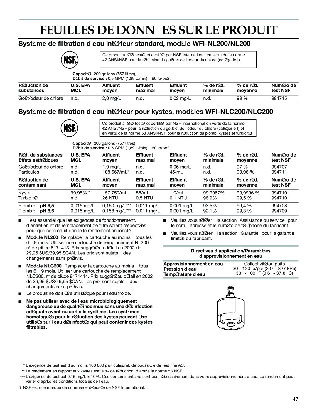 KitchenAid 2225409 manual Feuilles DE Données SUR LE Produit 