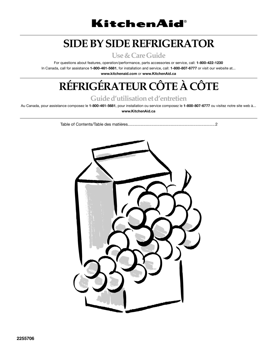 KitchenAid 2255706 manual Side by Side Refrigerator, Use &CareGuide, Table of Contents/Table des matières 