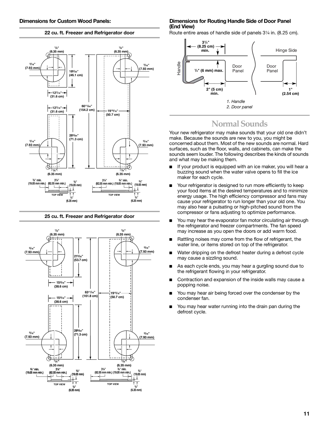 KitchenAid 2255706 manual Normal Sounds, Dimensions for Custom Wood Panels, 22 cu. ft. Freezer and Refrigerator door 