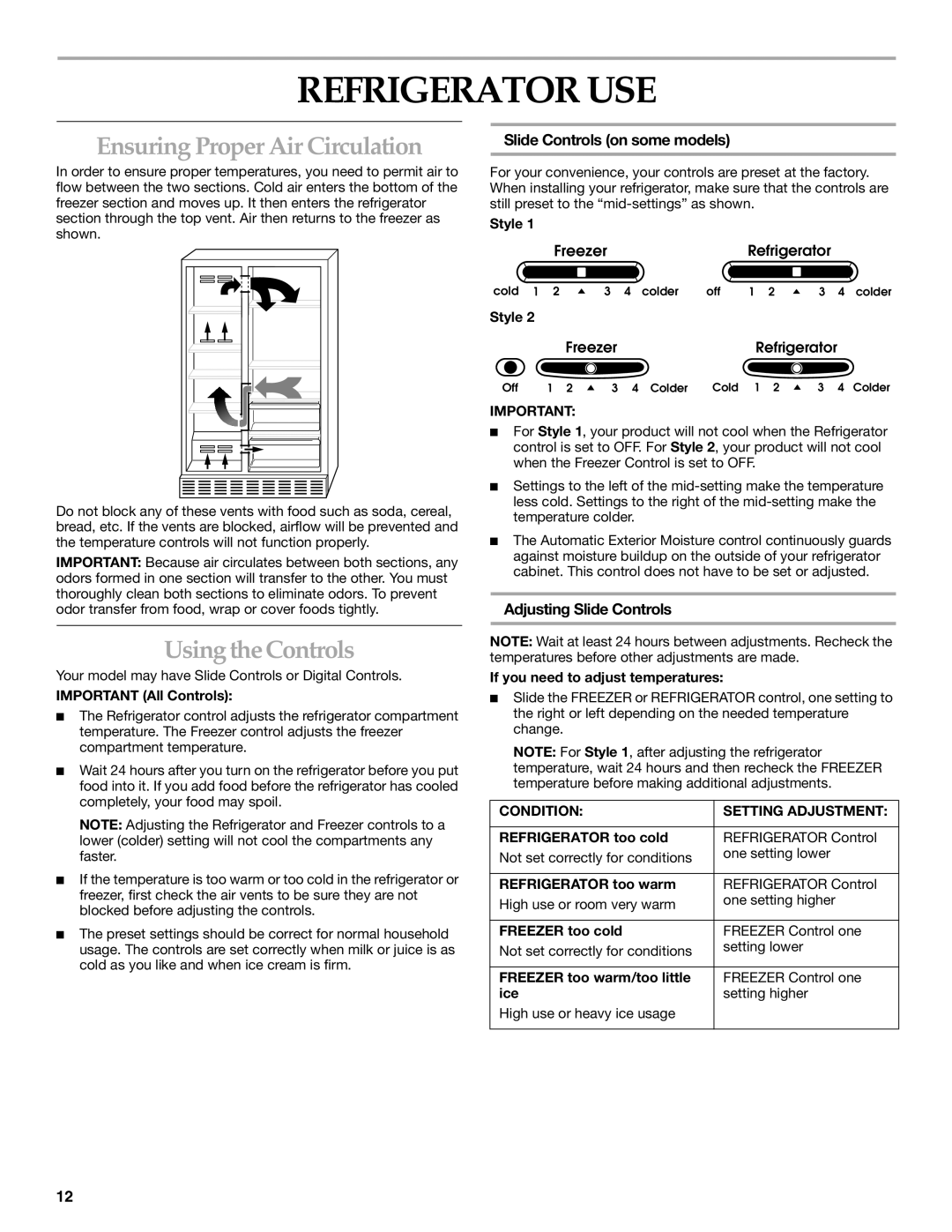 KitchenAid 2255706 Refrigerator USE, Ensuring Proper Air Circulation, Using the Controls, Slide Controls on some models 