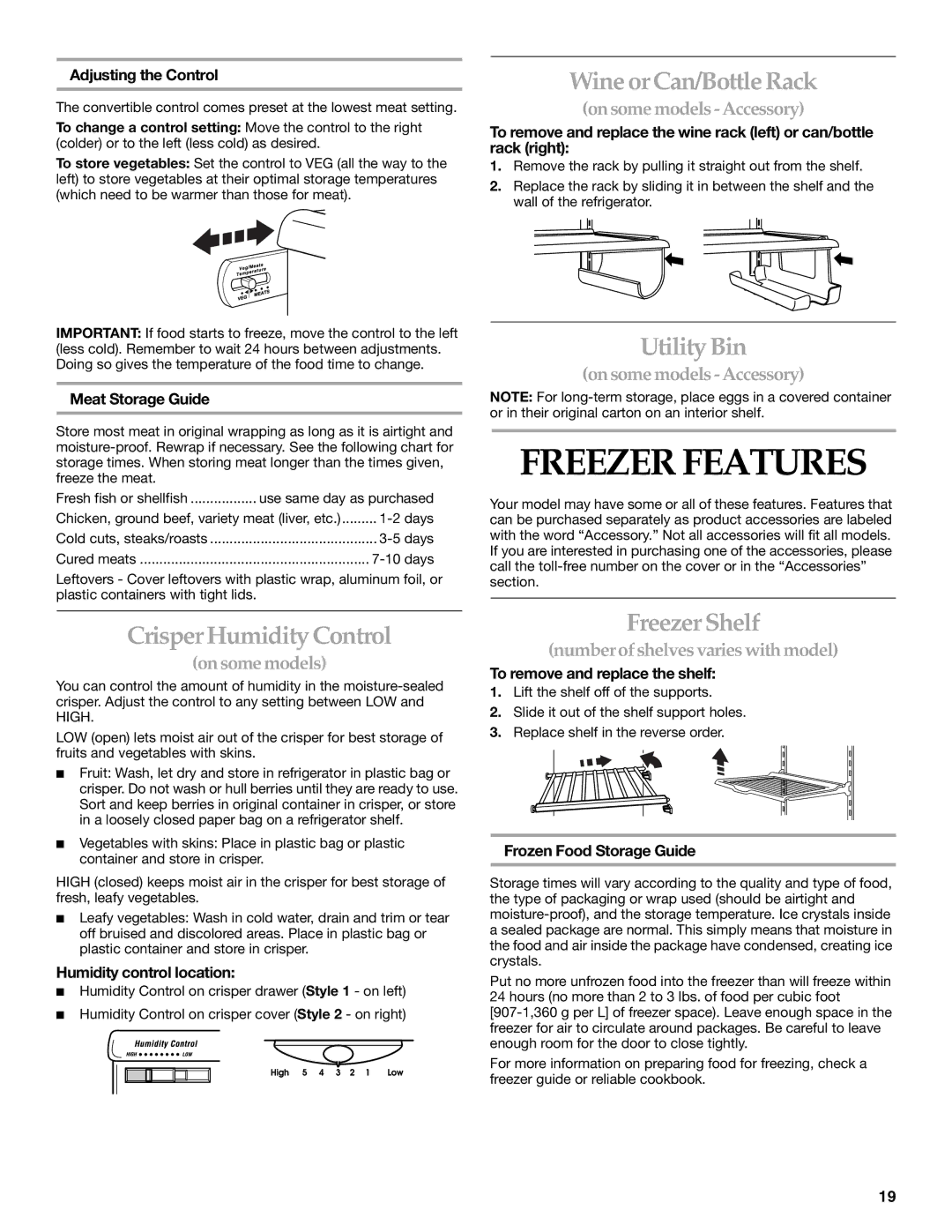 KitchenAid 2255706 manual Freezer Features, Crisper Humidity Control, Wine or Can/Bottle Rack, Utility Bin, Freezer Shelf 