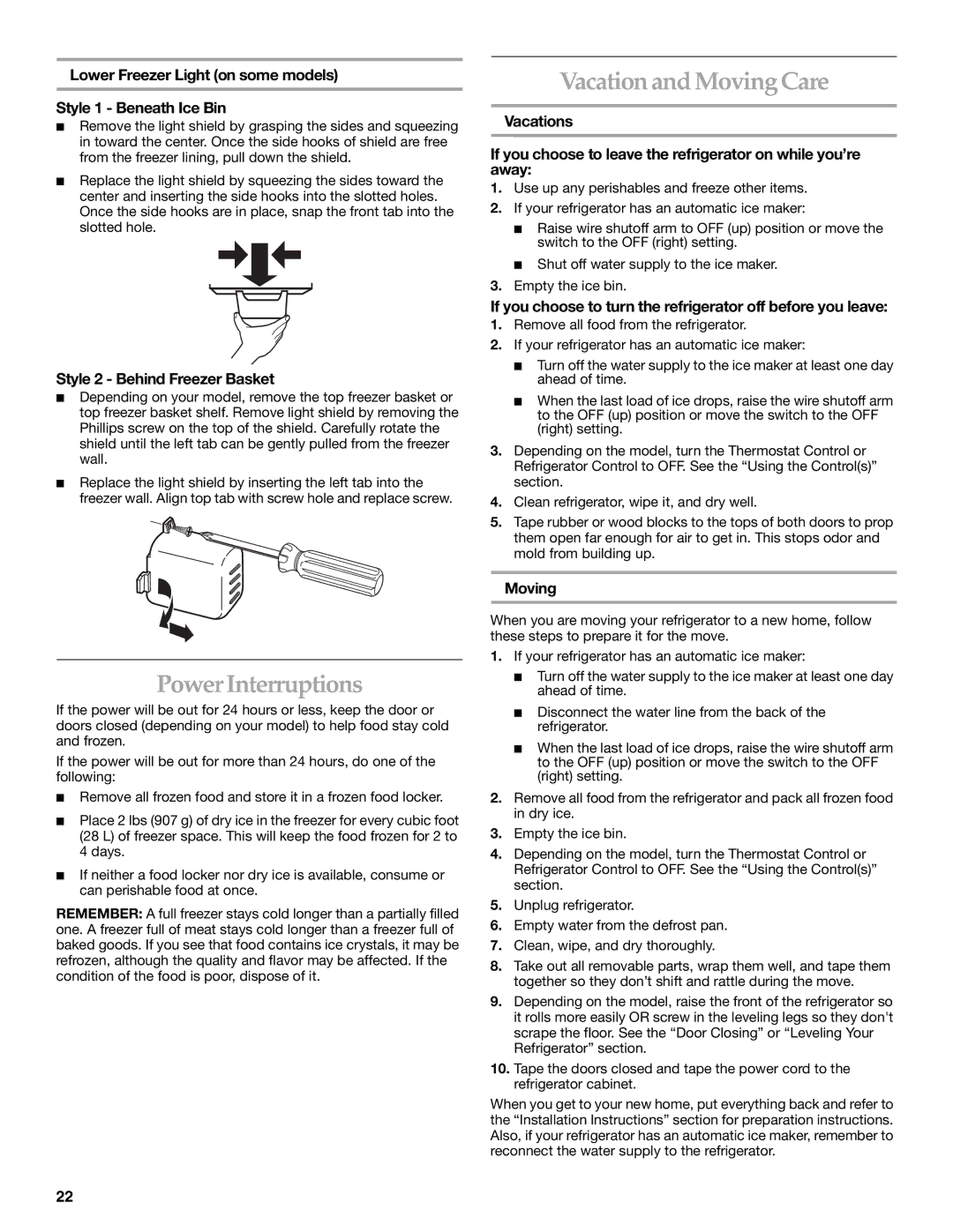 KitchenAid 2255706 manual Power Interruptions, Vacation and Moving Care 