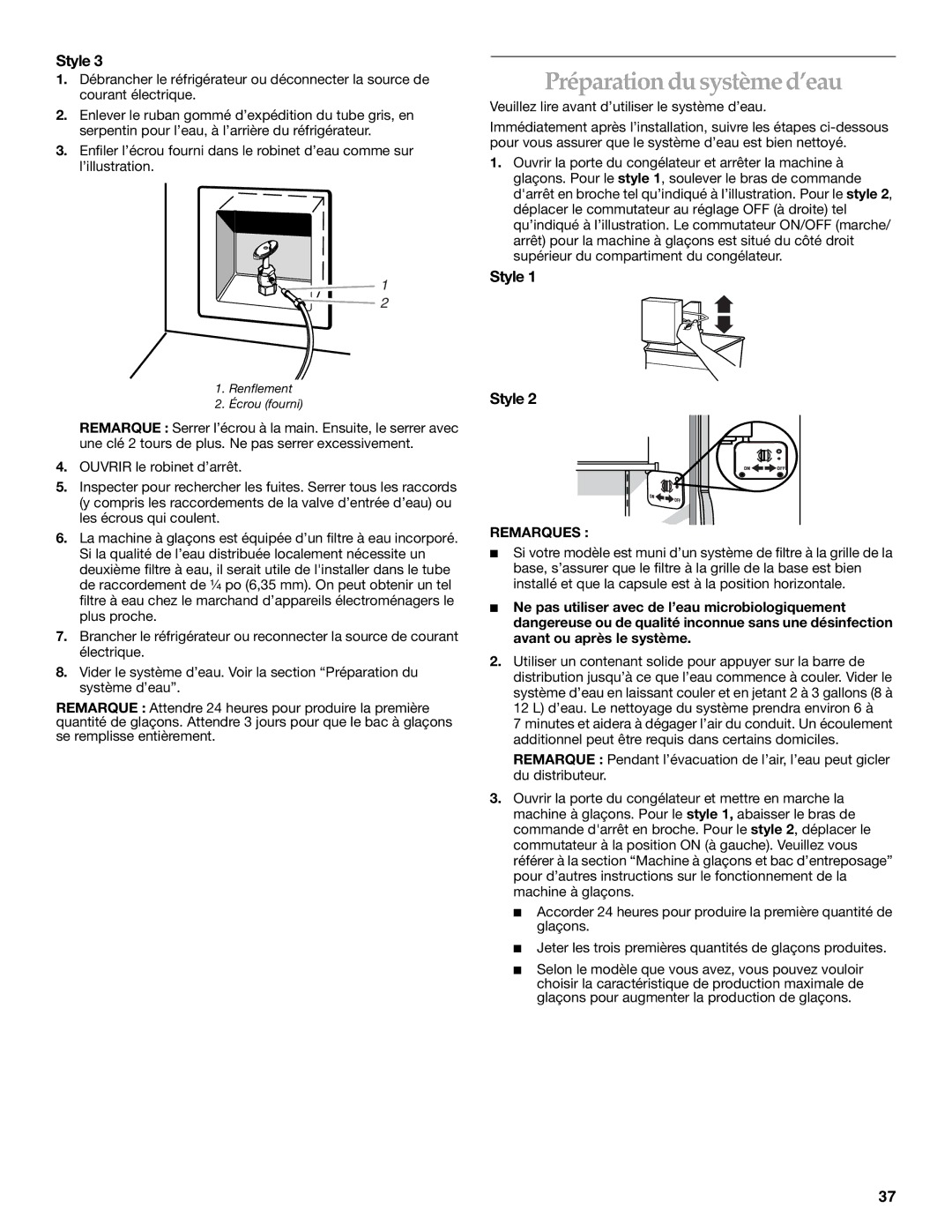 KitchenAid 2255706 manual Préparation du système d’eau, Veuillez lire avant d’utiliser le système d’eau, Remarques 