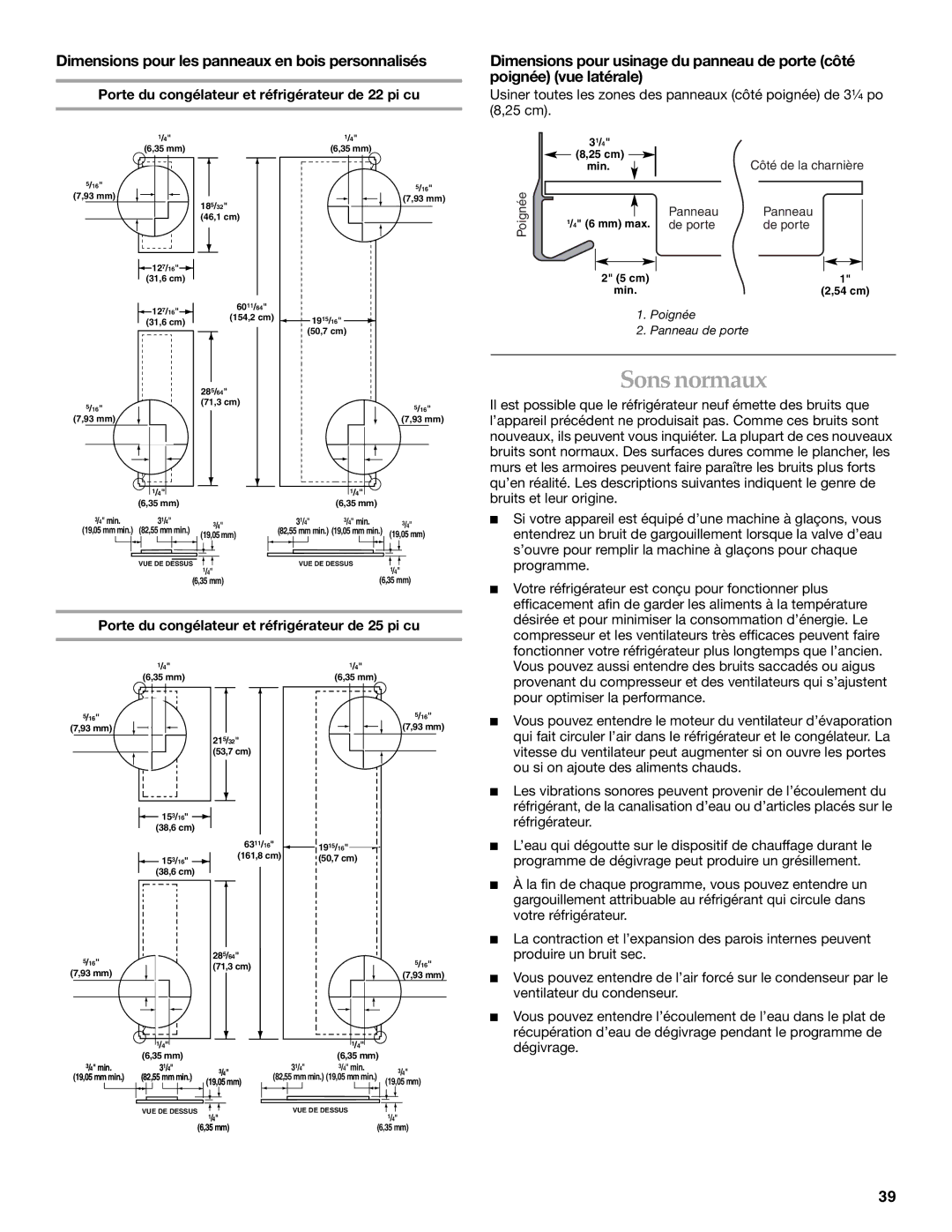 KitchenAid 2255706 manual Sons normaux, Dimensions pour les panneaux en bois personnalisés 