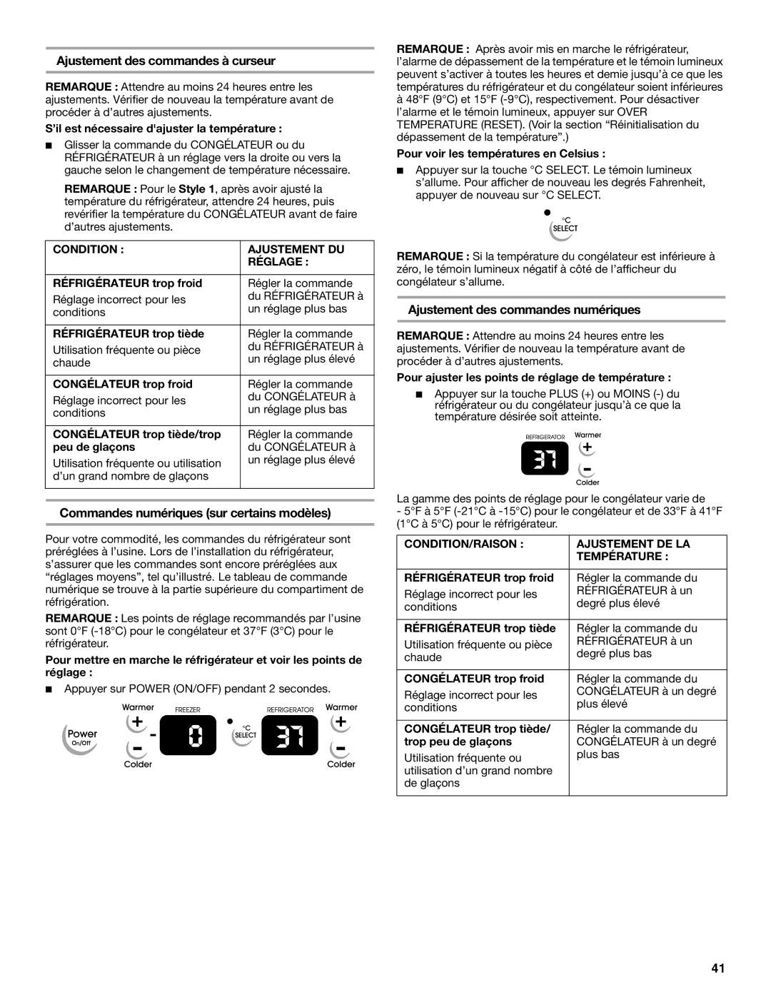 KitchenAid 2255706 manual Ajustement des commandes à curseur, Commandes numériques sur certains modèles 