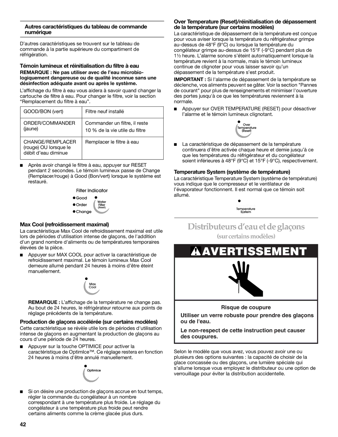 KitchenAid 2255706 manual Distributeurs d’eau et de glaçons 