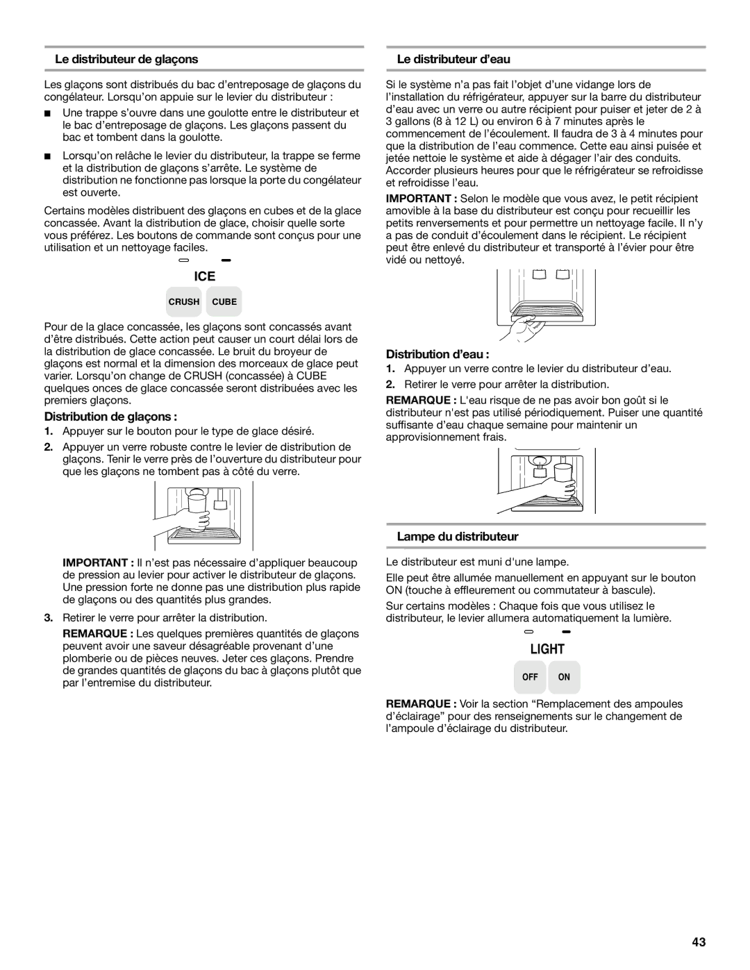 KitchenAid 2255706 manual Le distributeur de glaçons, Distribution de glaçons, Le distributeur d’eau, Distribution d’eau 