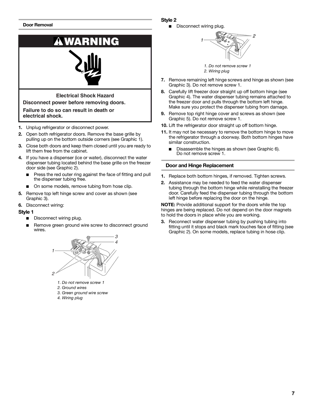 KitchenAid 2255706 manual Style, Door and Hinge Replacement, Door Removal, Unplug refrigerator or disconnect power 