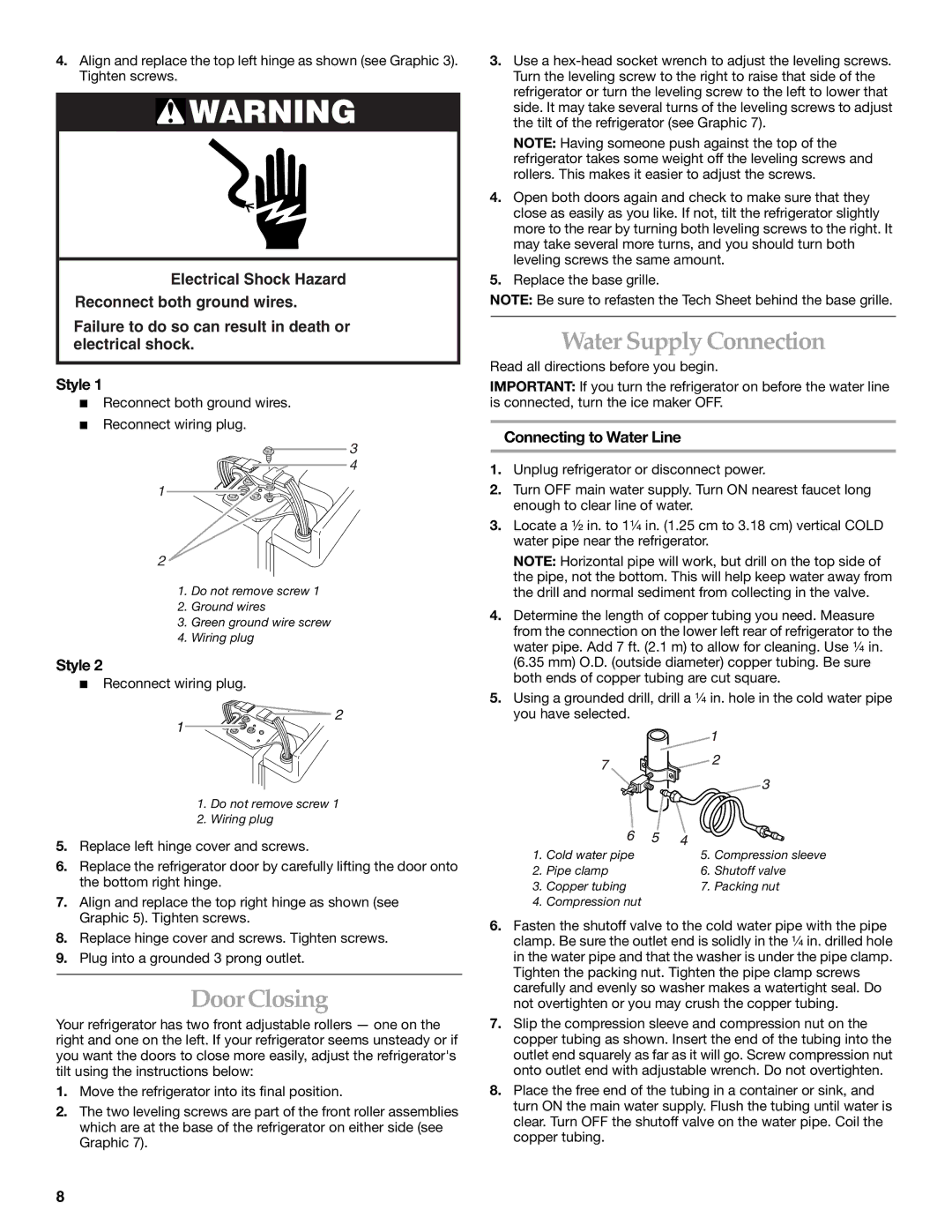 KitchenAid 2255706 manual Door Closing, Water Supply Connection, Connecting to Water Line 