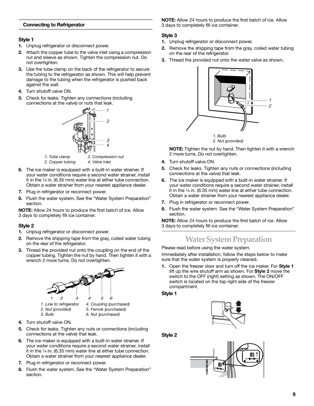 KitchenAid 2255706 manual Water System Preparation, Connecting to Refrigerator Style 