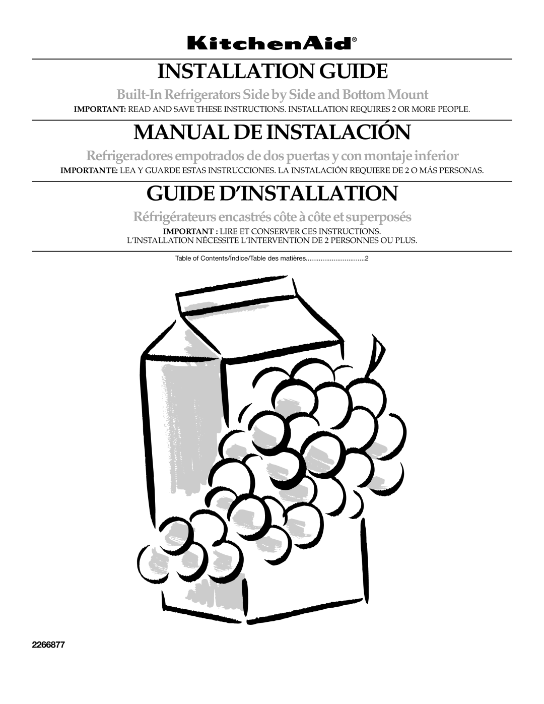KitchenAid 2266877 manual Installation Guide, Manual DE Instalación, Guide D’INSTALLATION 
