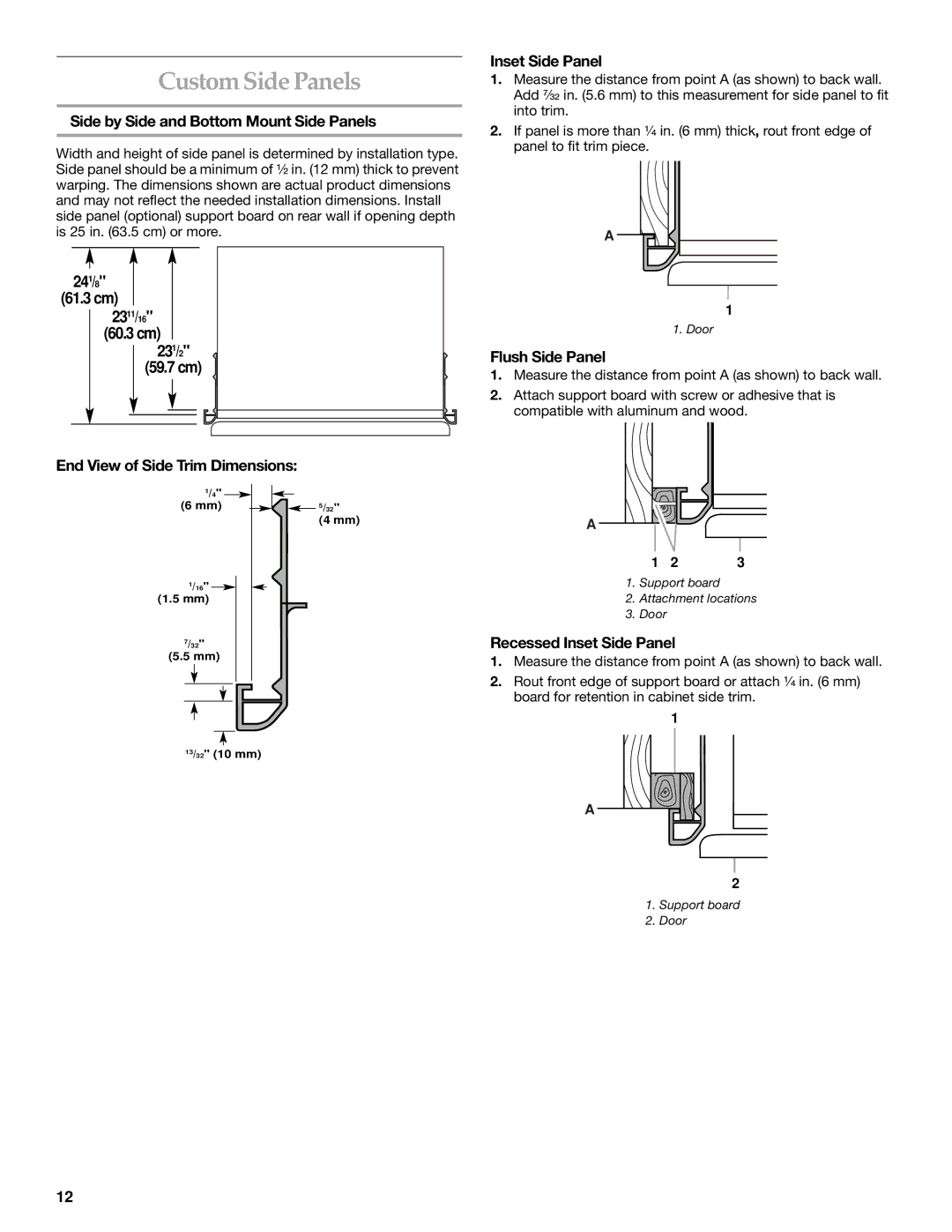 KitchenAid 2266877 manual Custom Side Panels, Side by Side and Bottom Mount Side Panels, Flush Side Panel 